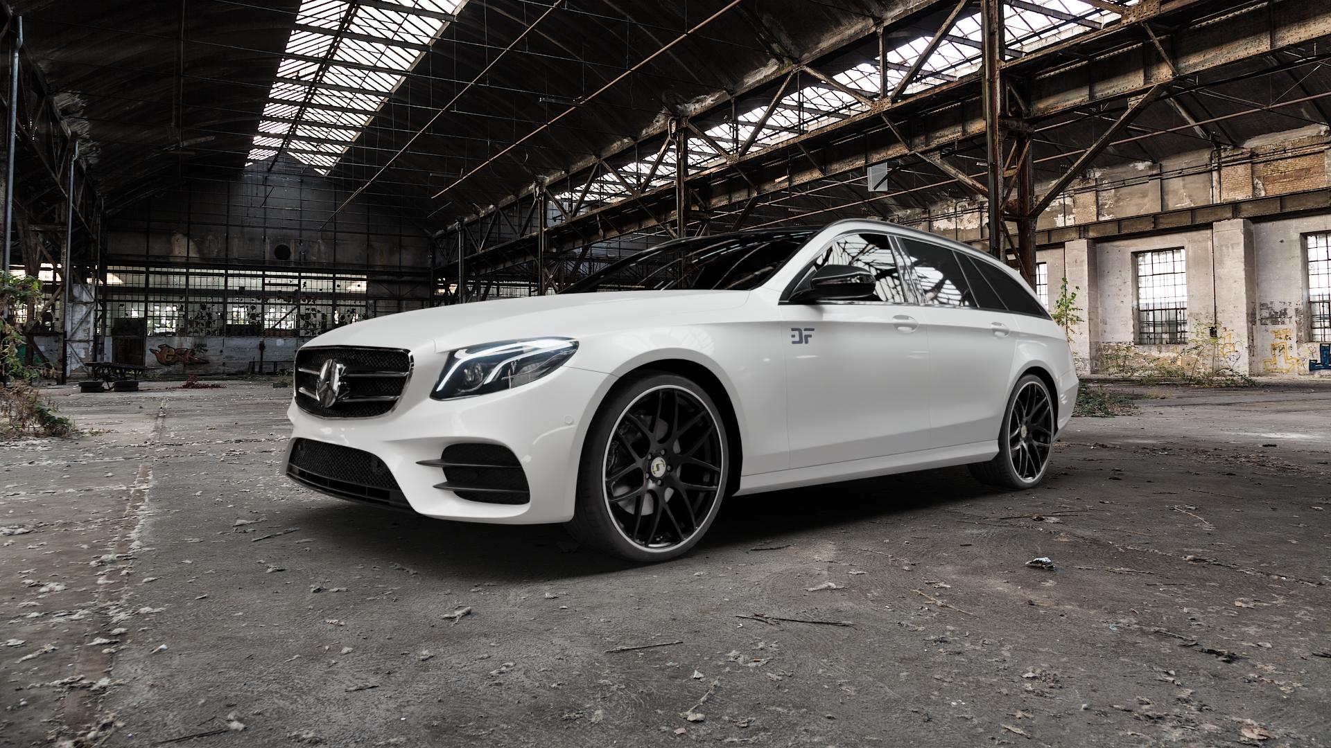 SchmidtRevolution Schmidt Gambit Softhorn SatinBlack Rim Polished Felge mit Reifen schwarz schwarz matt poliertes Felgenhorn in 21Zoll Alufelge auf weissem Mercedes E-Klasse Typ S213 Kombi ⬇️ mit 15mm Tieferlegung ⬇️ Old Industrial Hall_max5000mm_2022 Frontansicht_1