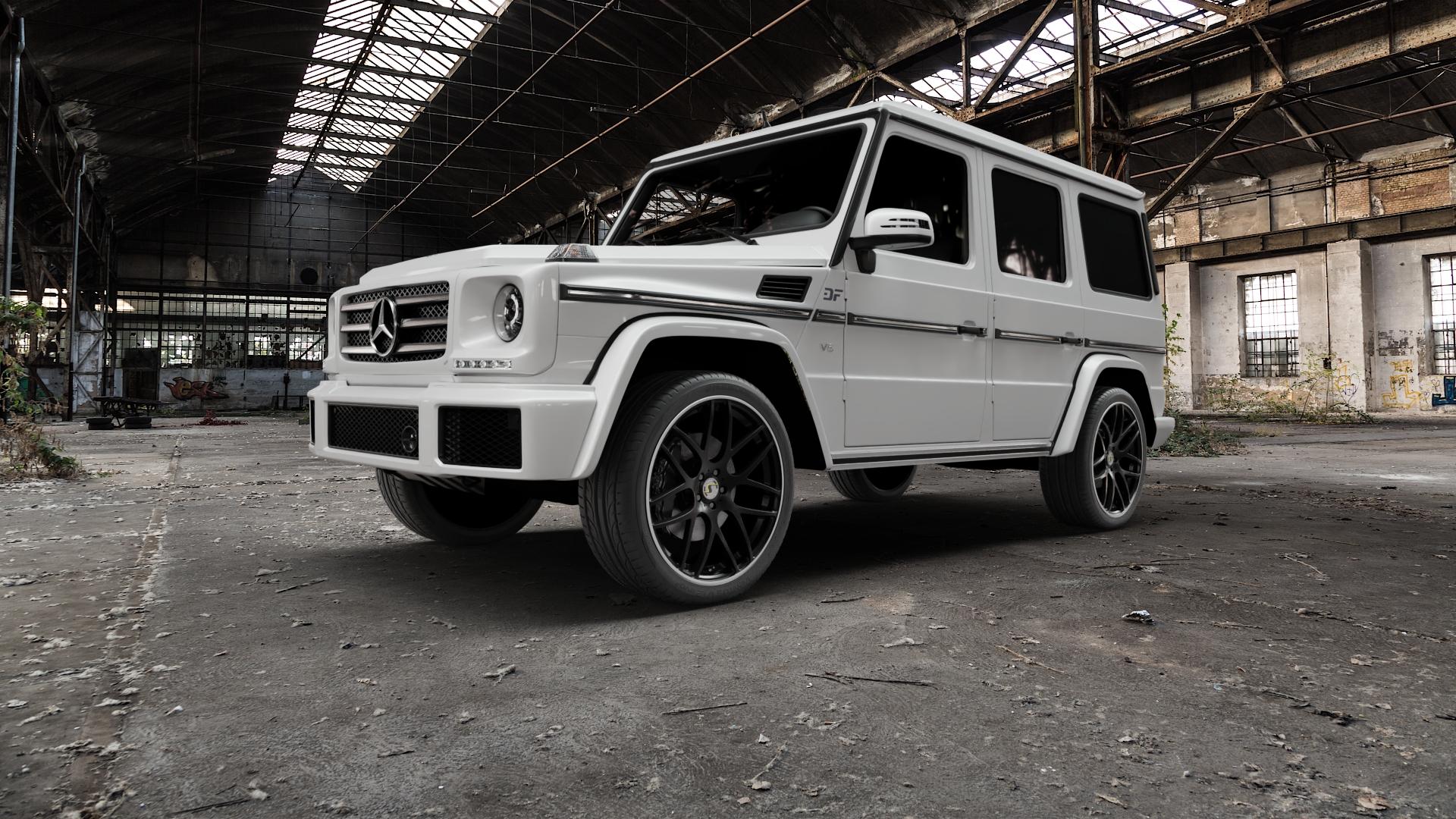 SchmidtRevolution Schmidt Gambit Softhorn SatinBlack Rim Polished Felge mit Reifen schwarz schwarz matt poliertes Felgenhorn in 22Zoll Alufelge auf weissem Mercedes G-Klasse Typ W463 ⬇️ mit 15mm Tieferlegung ⬇️ Old Industrial Hall_max5000mm_2022 Frontansicht_1