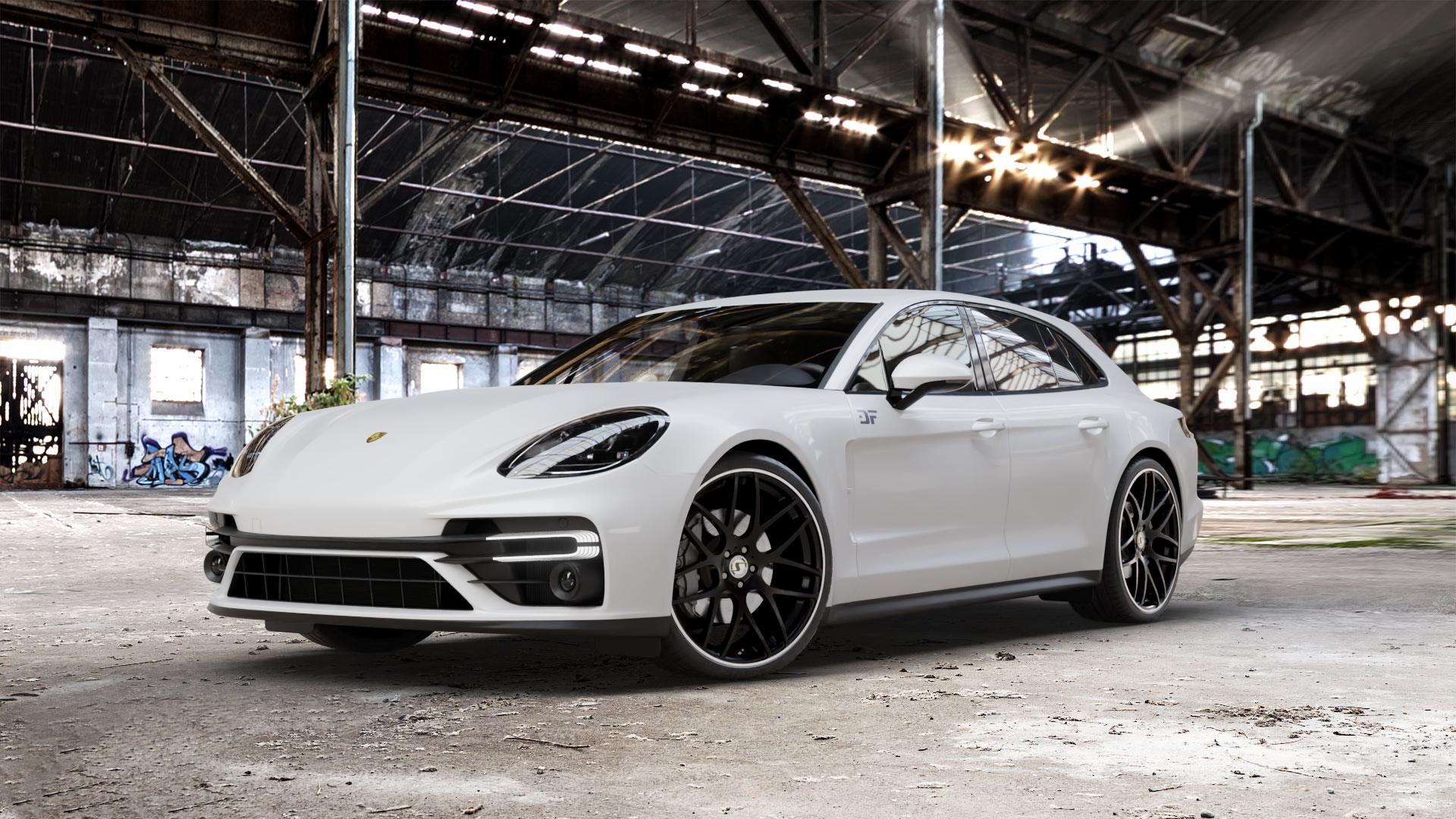 SchmidtRevolution Schmidt Gambit Softhorn SatinBlack Rim Polished Felge mit Reifen schwarz schwarz matt poliertes Felgenhorn in 22Zoll Alufelge auf weissem Porsche Panamera Sport Turismo Typ 971 Facelift ⬇️ mit 15mm Tieferlegung ⬇️ Old Industrial Hall_max_5300mm_2024 Frontansicht_1