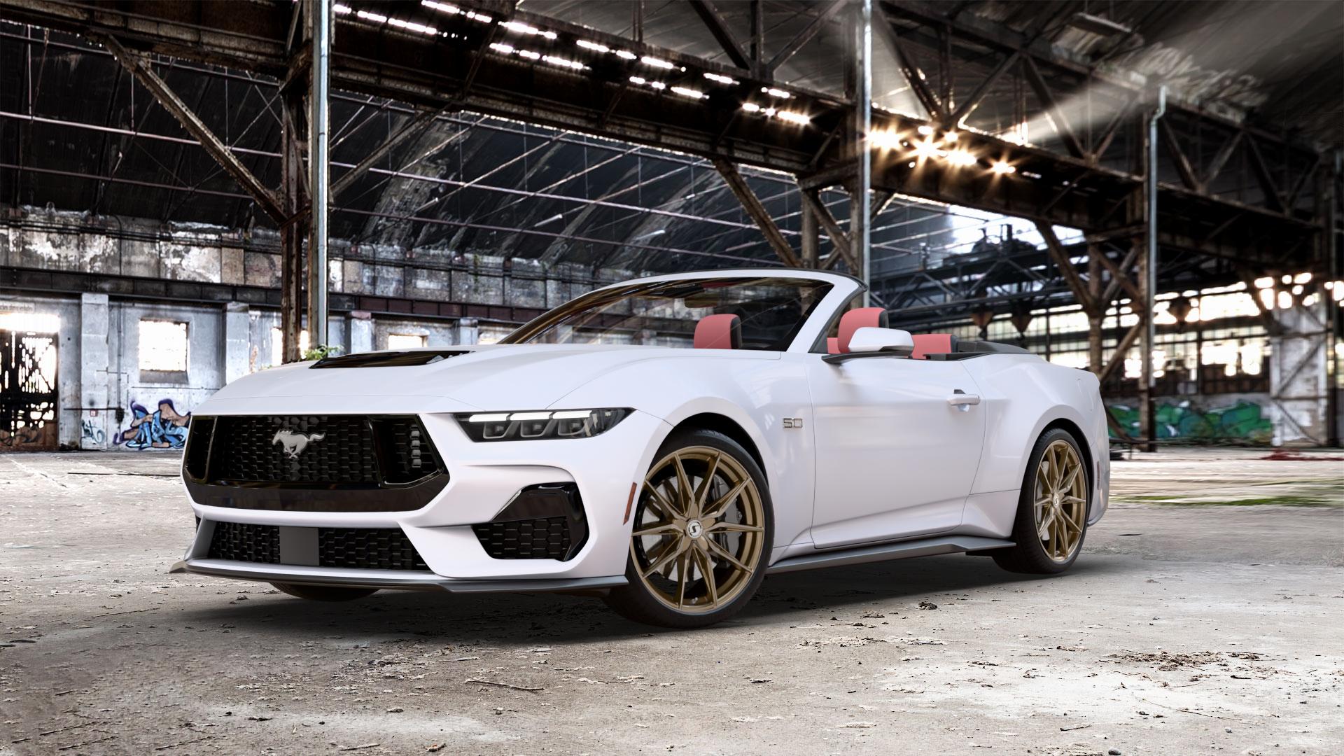 SchmidtRevolution Schmidt TwentyOne BronzeBrushed Felge mit Reifen silber in 20Zoll Alufelge auf weißem Ford Mustang VII Cabrio Typ LAE ⬇️ mit 15mm Tieferlegung ⬇️ Old Industrial Hall_max_5300mm_2024 Frontansicht_1