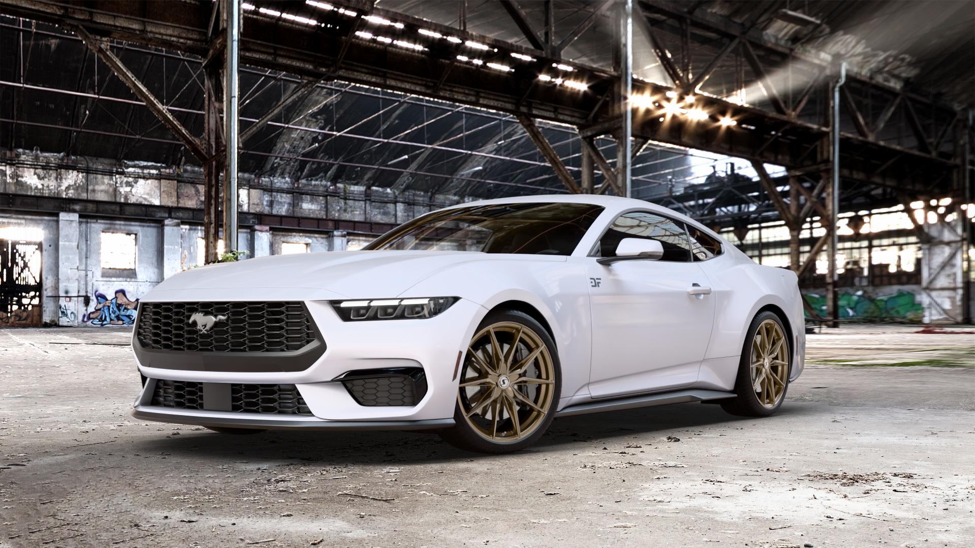 SchmidtRevolution Schmidt TwentyOne BronzeBrushed Felge mit Reifen silber in 20Zoll Alufelge auf weißem Ford Mustang VII Coupe Typ LAE ⬇️ mit 15mm Tieferlegung ⬇️ Old Industrial Hall_max_5300mm_2024 Frontansicht_1