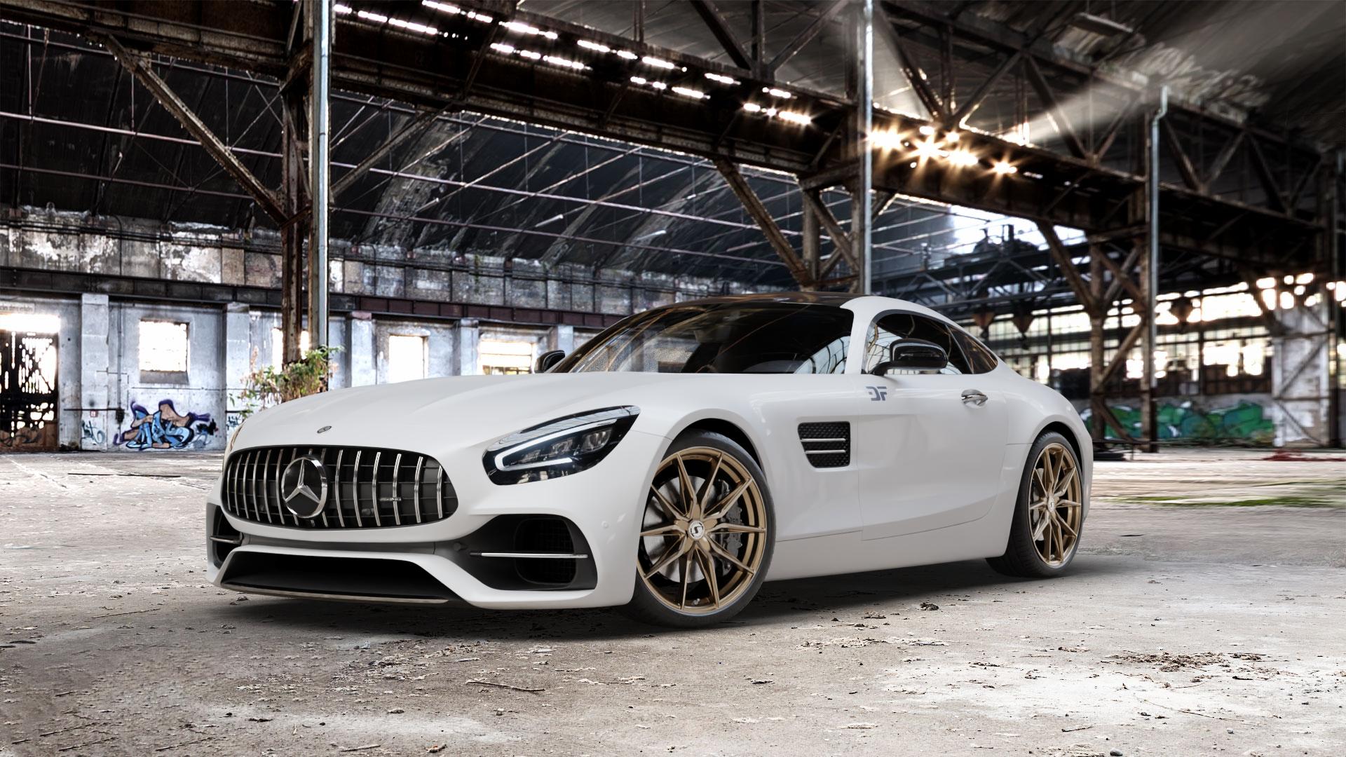 SchmidtRevolution Schmidt TwentyOne BronzeBrushed Felge mit Reifen silber in 20Zoll Alufelge auf weissem Mercedes AMG GT Typ 197 ⬇️ mit 15mm Tieferlegung ⬇️ Old Industrial Hall_max_5300mm_2024 Frontansicht_1