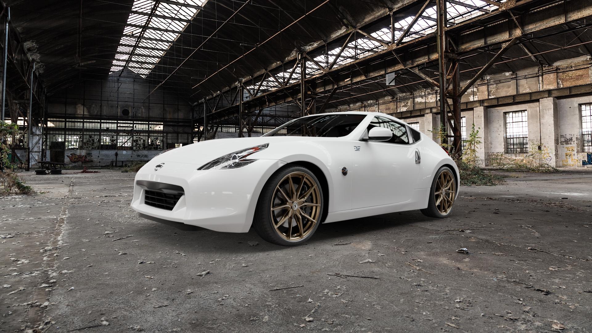 SchmidtRevolution Schmidt TwentyOne BronzeBrushed Felge mit Reifen silber in 20Zoll Alufelge auf weissem Nissan 370Z Coupe ⬇️ mit 15mm Tieferlegung ⬇️ Old Industrial Hall_max5000mm_2022 Frontansicht_1