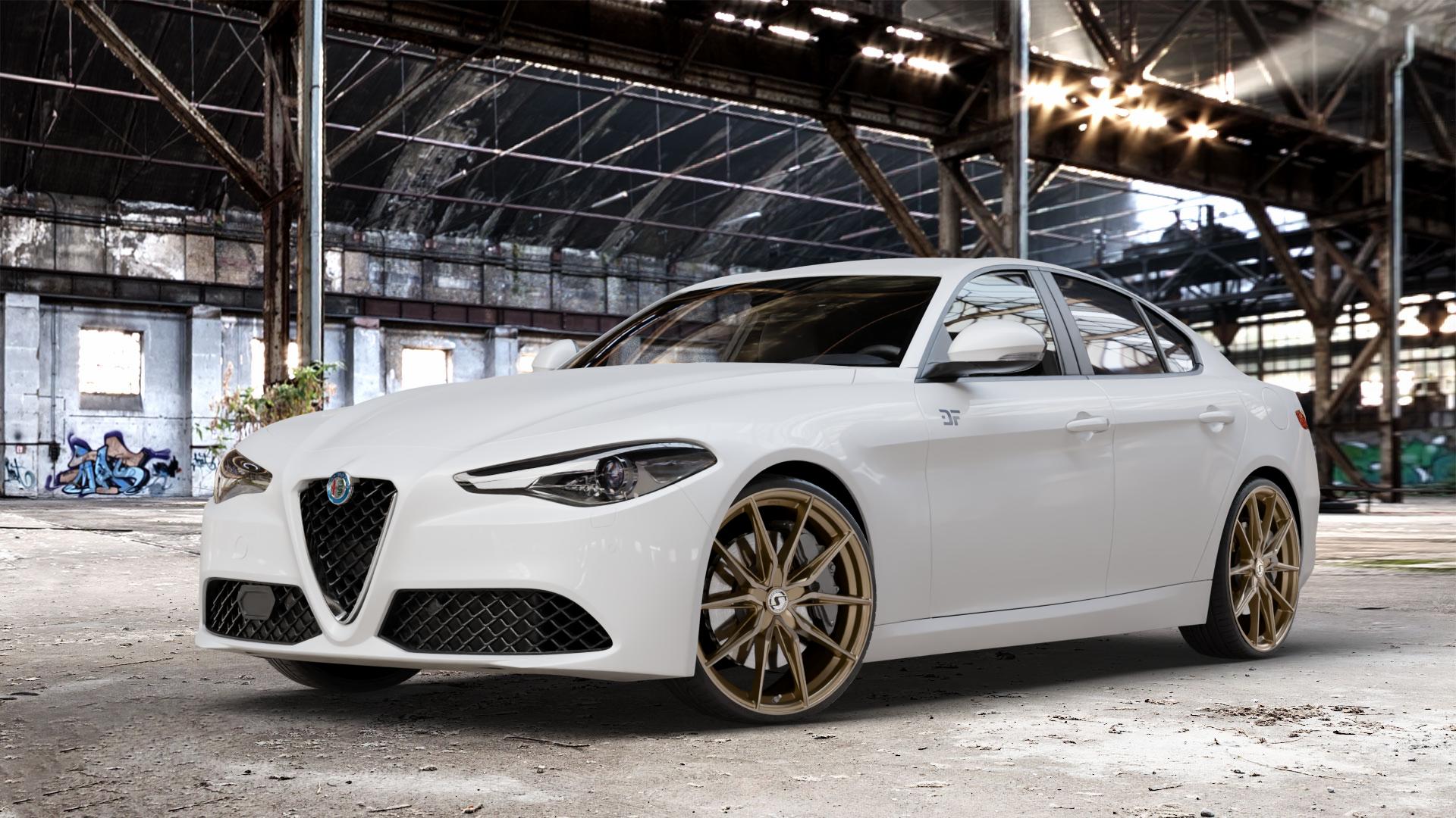 SchmidtRevolution Schmidt TwentyOne BronzeBrushed Felge mit Reifen silber in 21Zoll Alufelge auf weissem Alfa Romeo Giulia Typ 952 ⬇️ mit 15mm Tieferlegung ⬇️ Old Industrial Hall_max_4400mm_2024 Frontansicht_1
