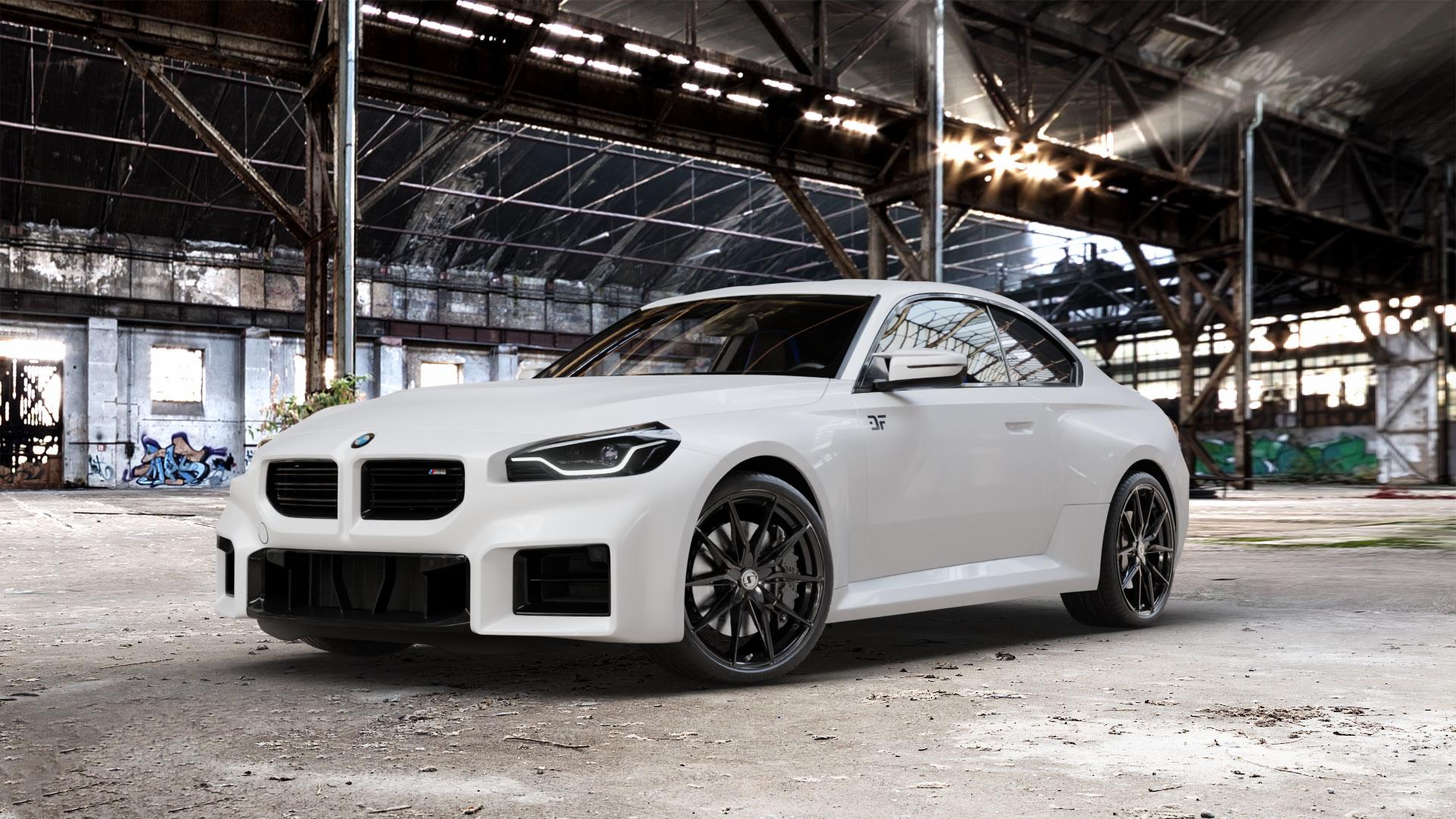 SchmidtRevolution Schmidt TwentyOne GlossBlack Felge mit Reifen schwarz in 20Zoll Winterfelge Alufelge auf weissem BMW M2 Typ G87 ⬇️ mit 15mm Tieferlegung ⬇️ Old Industrial Hall_max_5300mm_2024 Frontansicht_1