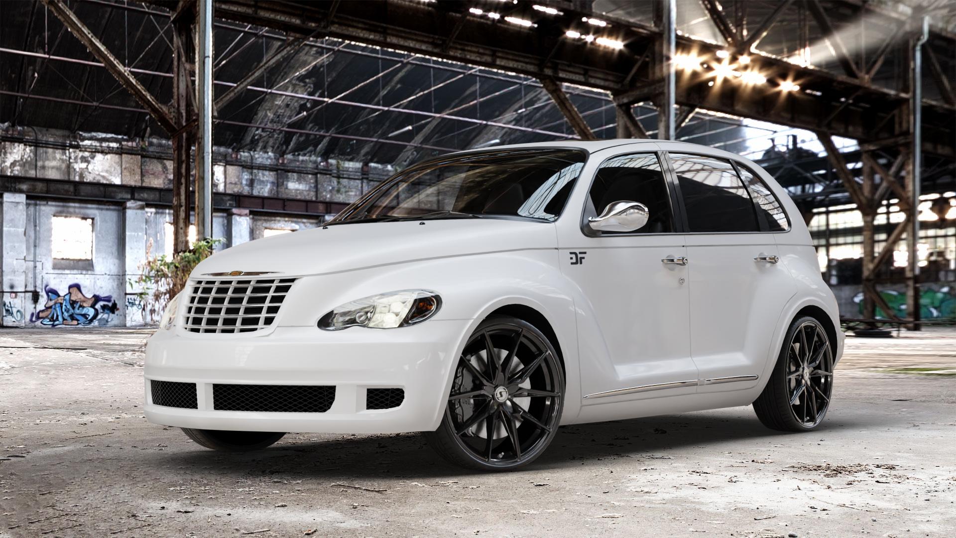SchmidtRevolution Schmidt TwentyOne GlossBlack Felge mit Reifen schwarz in 20Zoll Winterfelge Alufelge auf weissem Chrysler PT Cruiser Cabriolet ⬇️ mit 15mm Tieferlegung ⬇️ Old Industrial Hall_max_4400mm_2024 Frontansicht_1