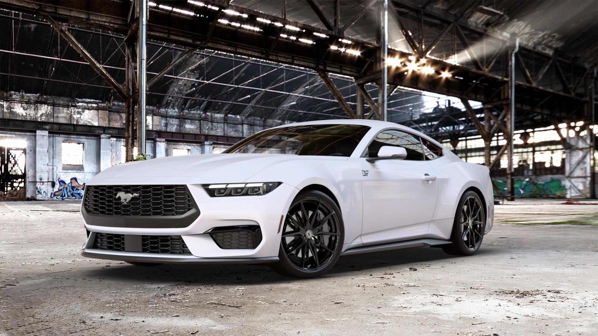 SchmidtRevolution Schmidt TwentyOne GlossBlack Felge mit Reifen schwarz in 20Zoll Winterfelge Alufelge auf weißem Ford Mustang VII Coupe Typ LAE ⬇️ mit 15mm Tieferlegung ⬇️ Old Industrial Hall_max_5300mm_2024 Frontansicht_1