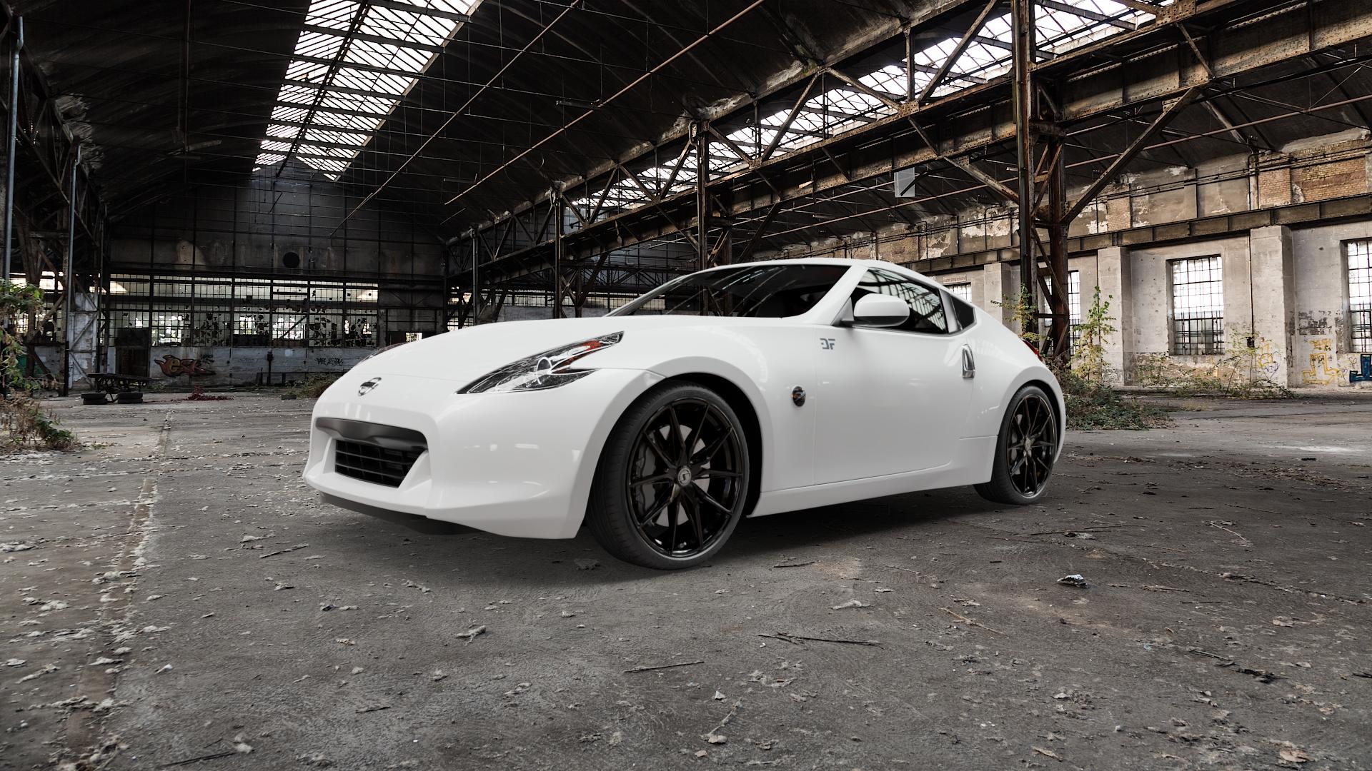 SchmidtRevolution Schmidt TwentyOne GlossBlack Felge mit Reifen schwarz in 20Zoll Winterfelge Alufelge auf weissem Nissan 370Z Coupe ⬇️ mit 15mm Tieferlegung ⬇️ Old Industrial Hall_max5000mm_2022 Frontansicht_1