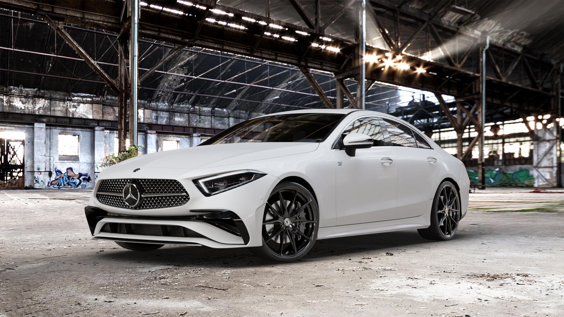 SchmidtRevolution Schmidt TwentyOne GlossBlack Felge mit Reifen schwarz in 21Zoll Winterfelge Alufelge auf weissem Mercedes CLS Typ C257 Facelift ⬇️ mit 15mm Tieferlegung ⬇️ Old Industrial Hall_max_5300mm_2024 Frontansicht_1