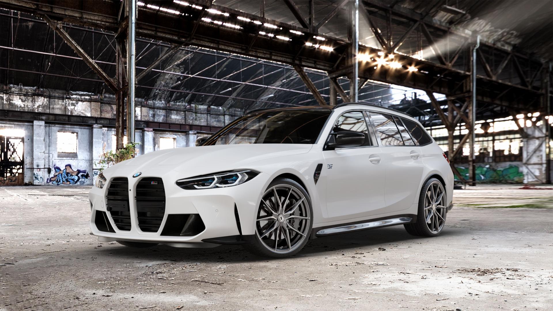 SchmidtRevolution Schmidt TwentyOne TitanBrushed Felge mit Reifen grau silber in 20Zoll Alufelge auf weissem BMW M3 Typ G81 (Touring) Facelift ⬇️ mit 15mm Tieferlegung ⬇️ Old Industrial Hall_max_5300mm_2024 Frontansicht_1