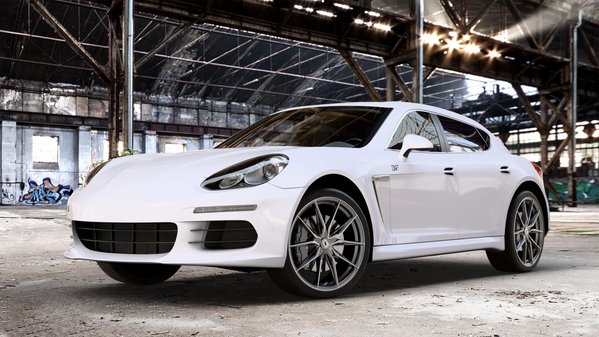SchmidtRevolution Schmidt TwentyOne TitanBrushed Felge mit Reifen grau silber in 21Zoll Alufelge auf weissem Porsche Panamera Typ 970 Facelift ⬇️ mit 15mm Tieferlegung ⬇️ Old Industrial Hall_max_4400mm_2024 Frontansicht_1