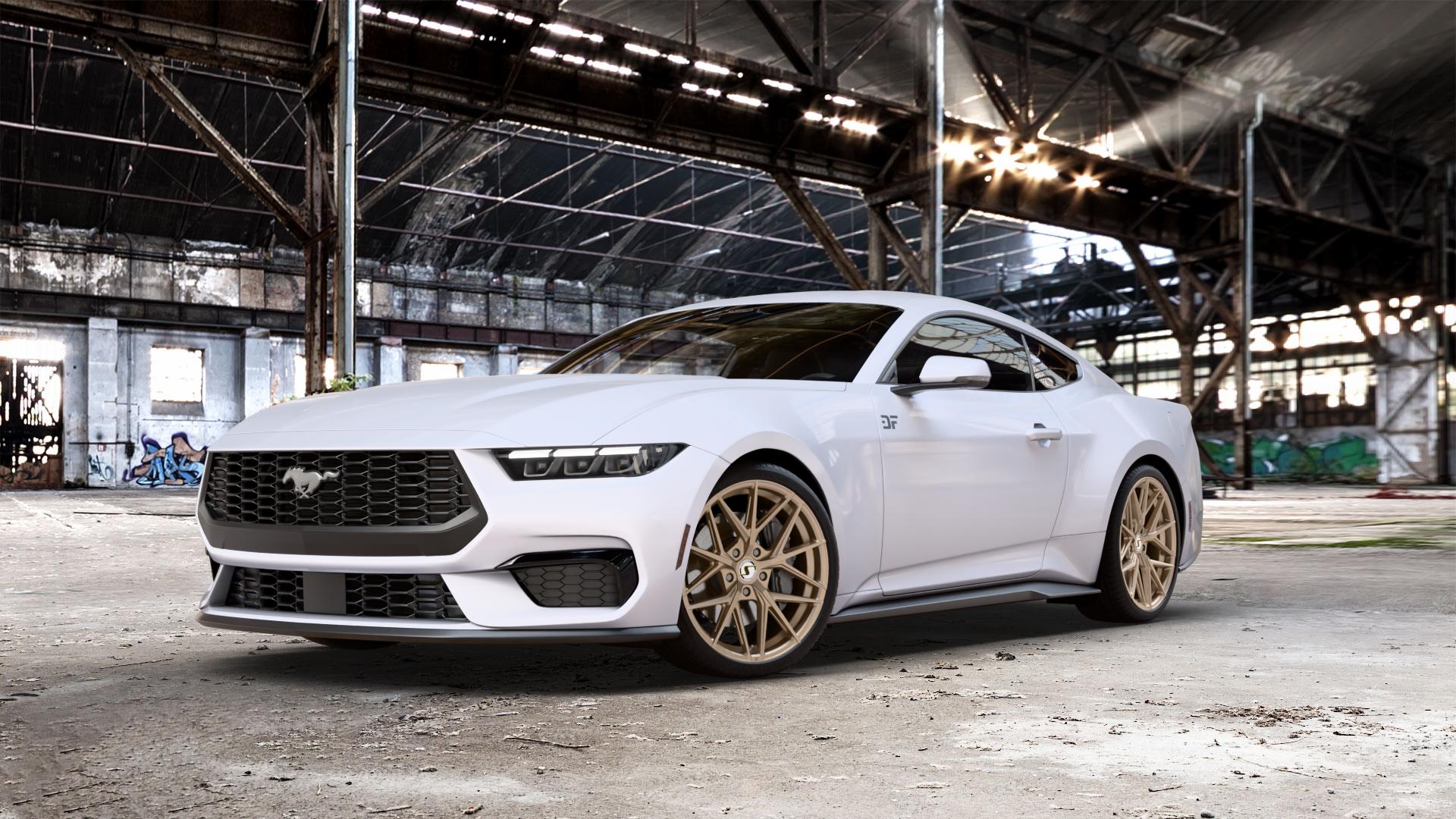 SchmidtRevolution Schmidt ZAYN BronzeMatt Felge mit Reifen in 20Zoll Winterfelge Alufelge auf weißem Ford Mustang VII Coupe Typ LAE ⬇️ mit 15mm Tieferlegung ⬇️ Old Industrial Hall_max_5300mm_2024 Frontansicht_1