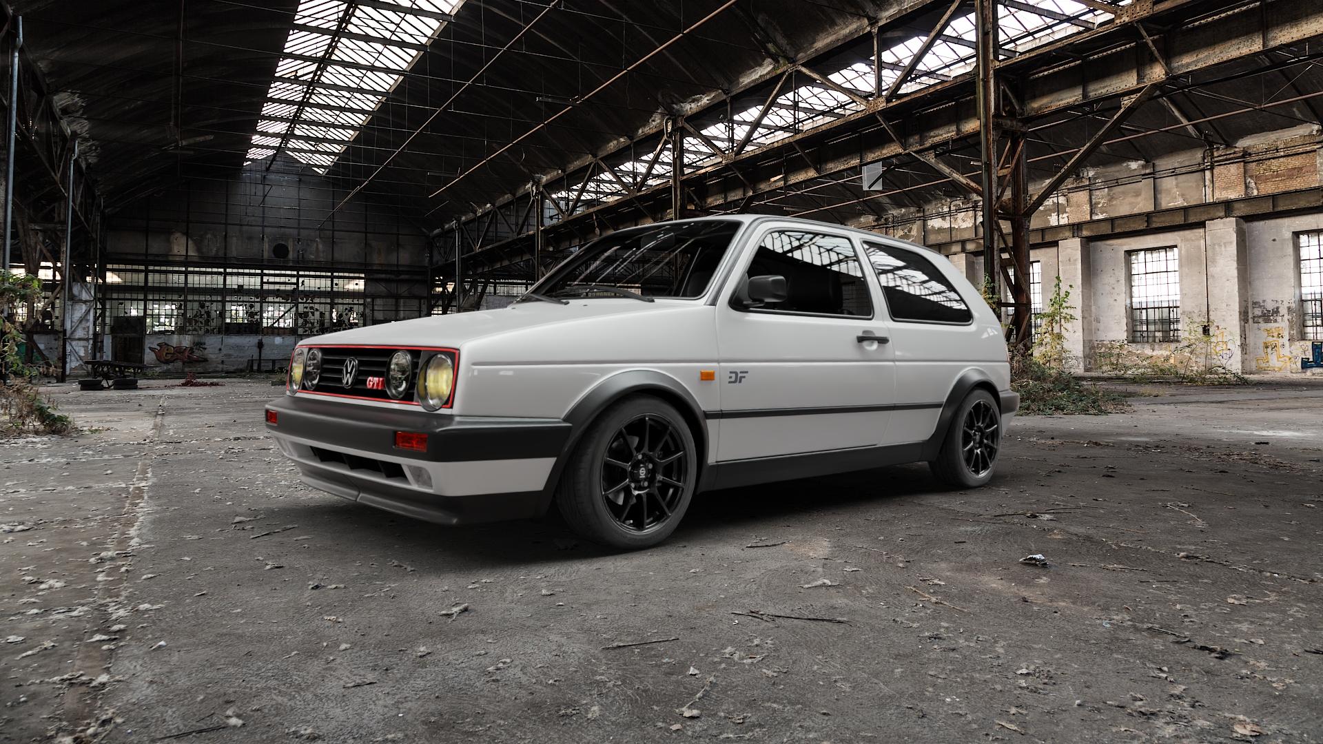 SPARCO ASSETTO GARA MATT BLACK Felge mit Reifen schwarz schwarz matt in 15Zoll Winterfelge Alufelge auf weissem Volkswagen (VW) Golf 2 1,8l GTI 79kW (107 PS) 82kW (111 16V 95kW (129 102kW (139 G60 118kW (160 ⬇️ mit 15mm Tieferlegung ⬇️ Old Industrial Hall_max5000mm_2022 Frontansicht_1