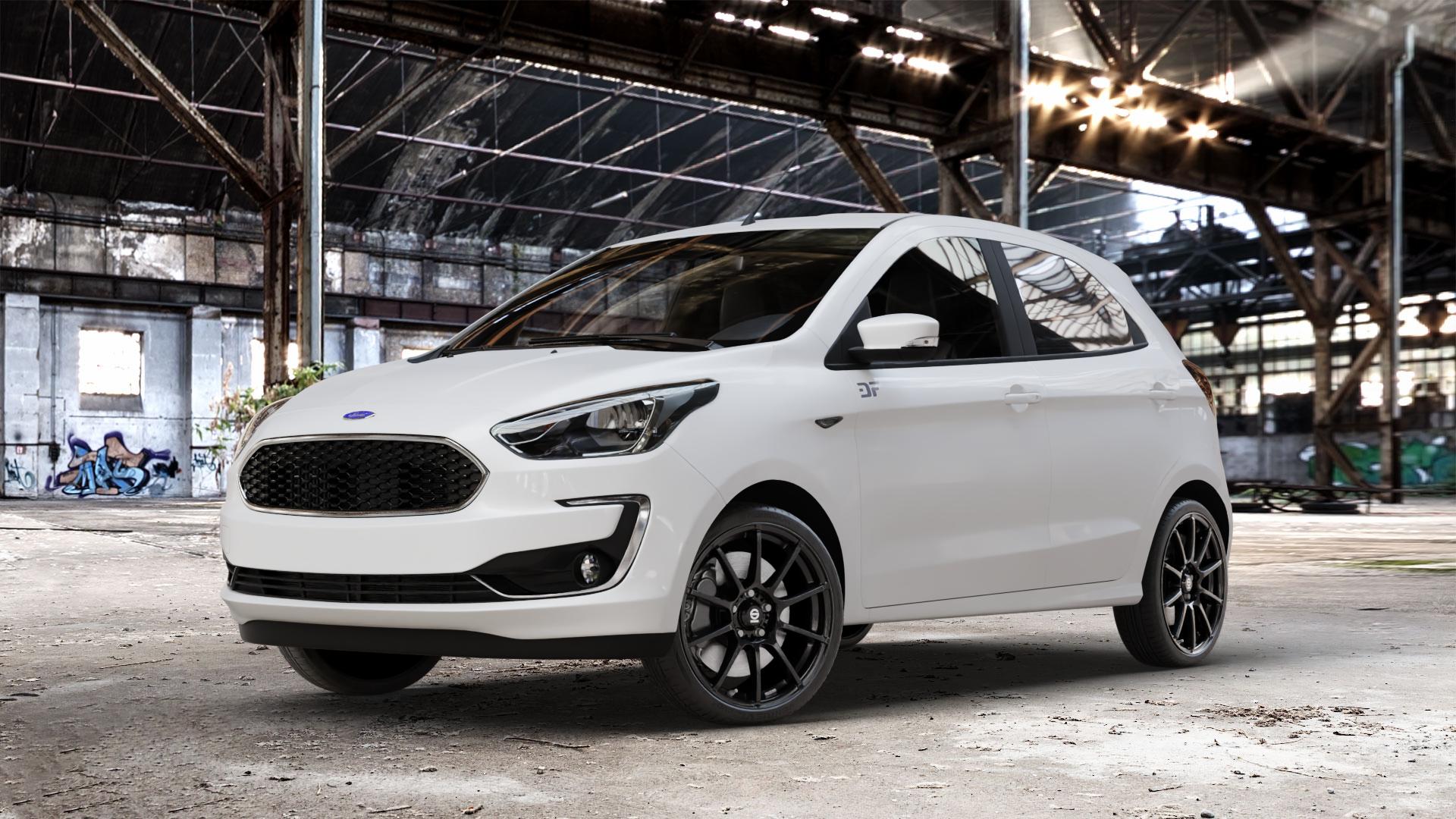 SPARCO ASSETTO GARA MATT BLACK Felge mit Reifen schwarz schwarz matt in 17Zoll Winterfelge Alufelge auf weissem Ford KA+ Typ KAF ACTIVE Facelift KA ⬇️ mit 15mm Tieferlegung ⬇️ Old Industrial Hall_max_4400mm_2024 Frontansicht_1