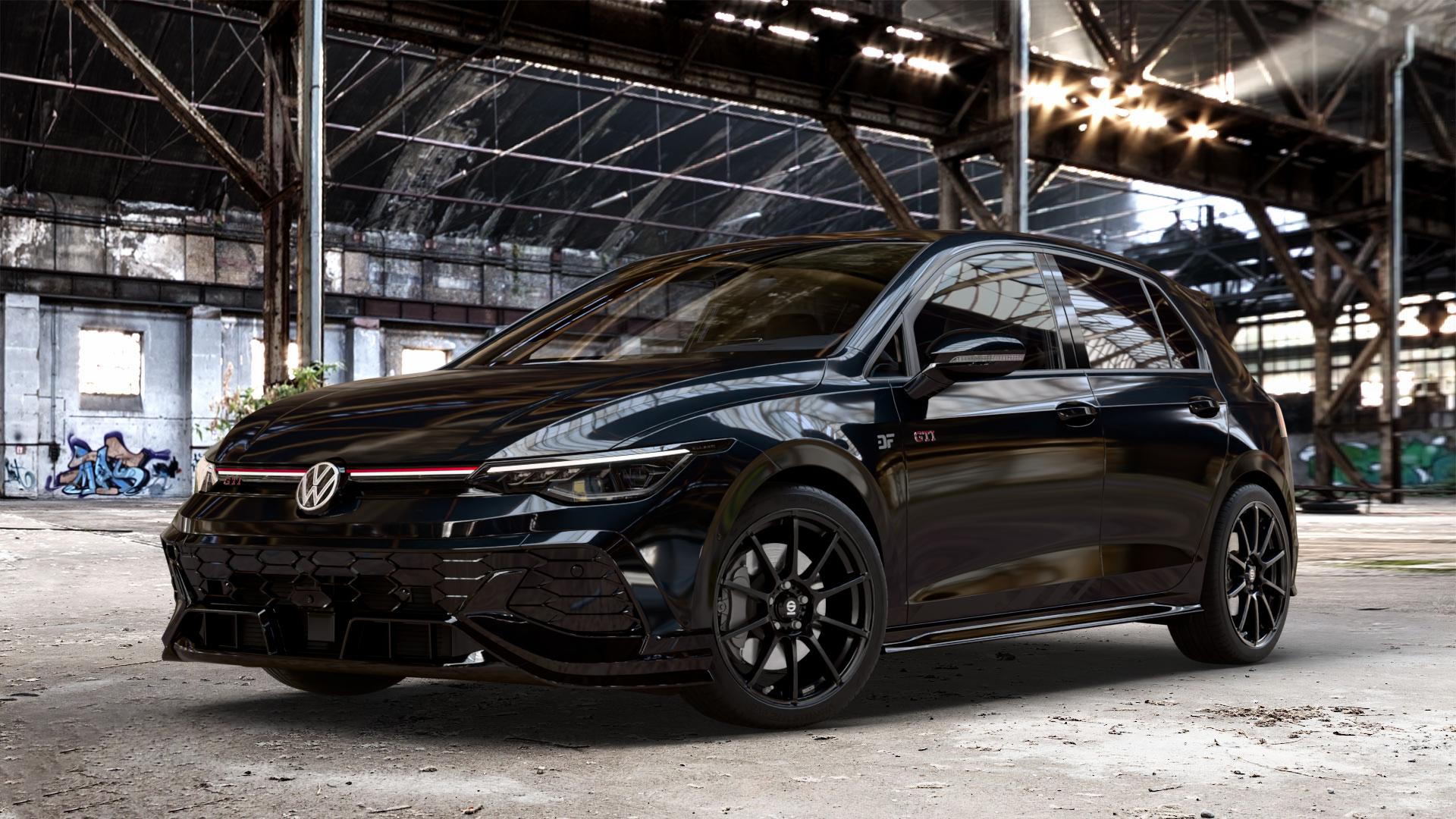 SPARCO ASSETTO GARA MATT BLACK Felge mit Reifen schwarz schwarz matt in 18Zoll Winterfelge Alufelge auf schwarzem Volkswagen (VW) Golf 8 Facelift 2,0l GTI Clubsport 221kW (300 PS) ⬇️ mit 15mm Tieferlegung ⬇️ Old Industrial Hall_max_4400mm_2024 Frontansicht_1