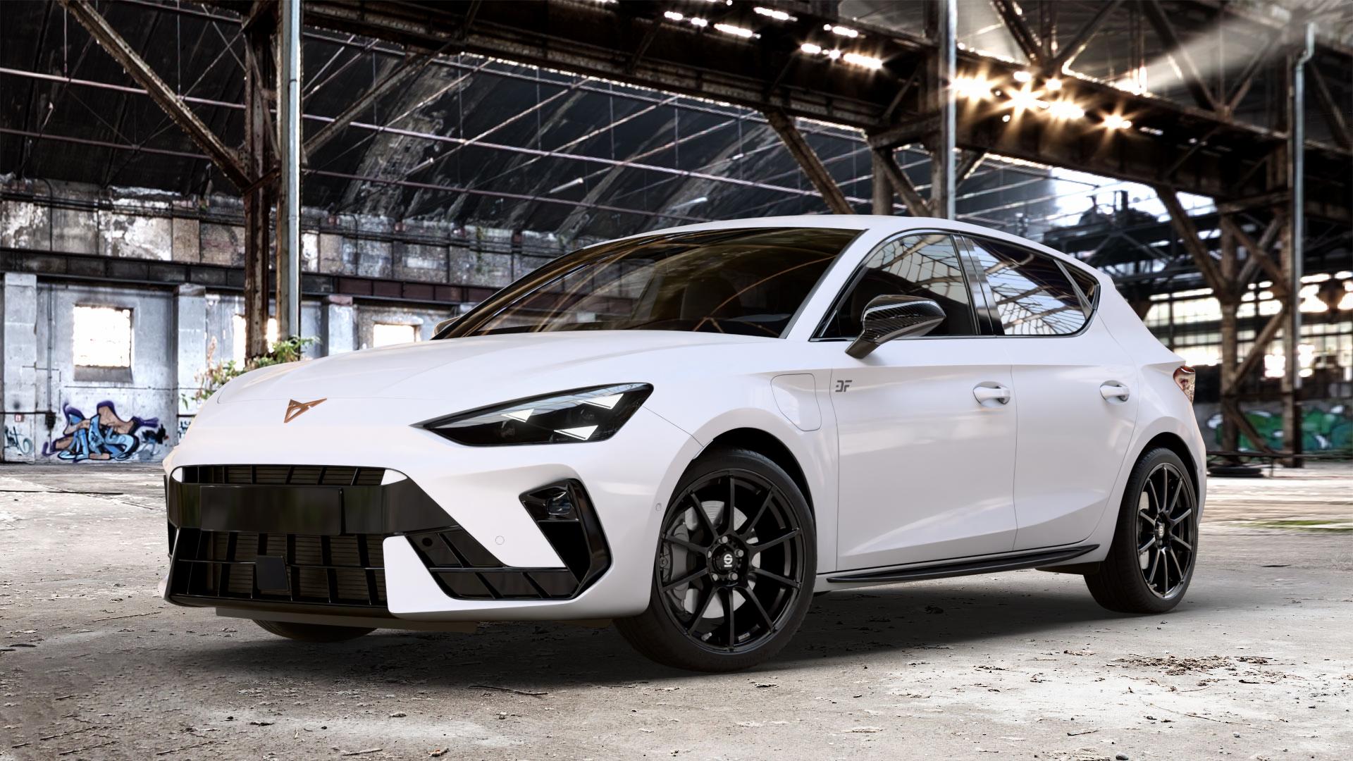 SPARCO ASSETTO GARA MATT BLACK Felge mit Reifen schwarz schwarz matt in 18Zoll Winterfelge Alufelge auf weissem Cupra Leon Typ KL Facelift ⬇️ mit 15mm Tieferlegung ⬇️ Old Industrial Hall_max_4400mm_2024 Frontansicht_1