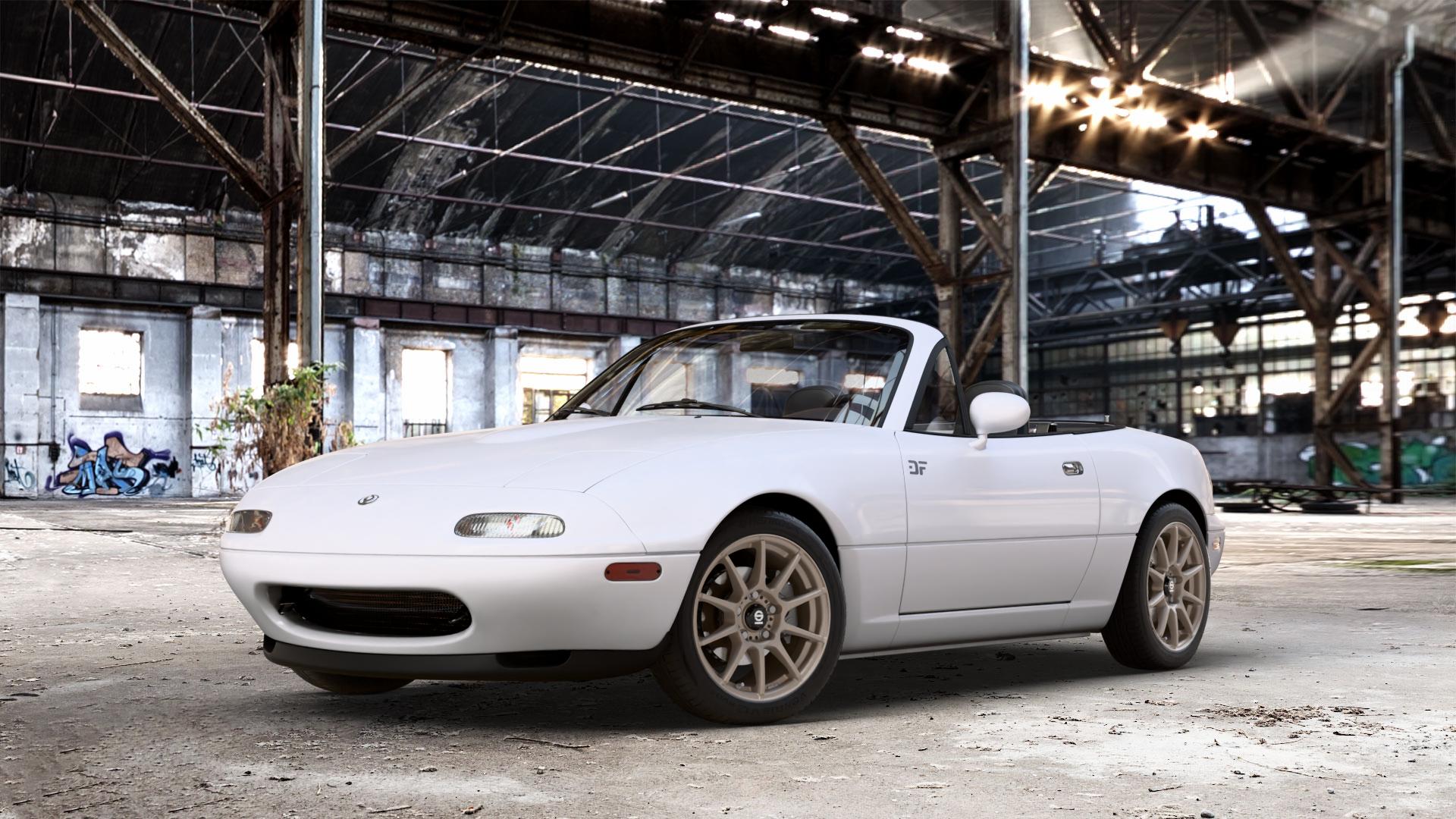SPARCO ASSETTO GARA MATT BRONZE Felge mit Reifen in 15Zoll Winterfelge Alufelge auf weissem Mazda MX-5 I (NA) ⬇️ mit 15mm Tieferlegung ⬇️ Old Industrial Hall_max_4400mm_2024 Frontansicht_1