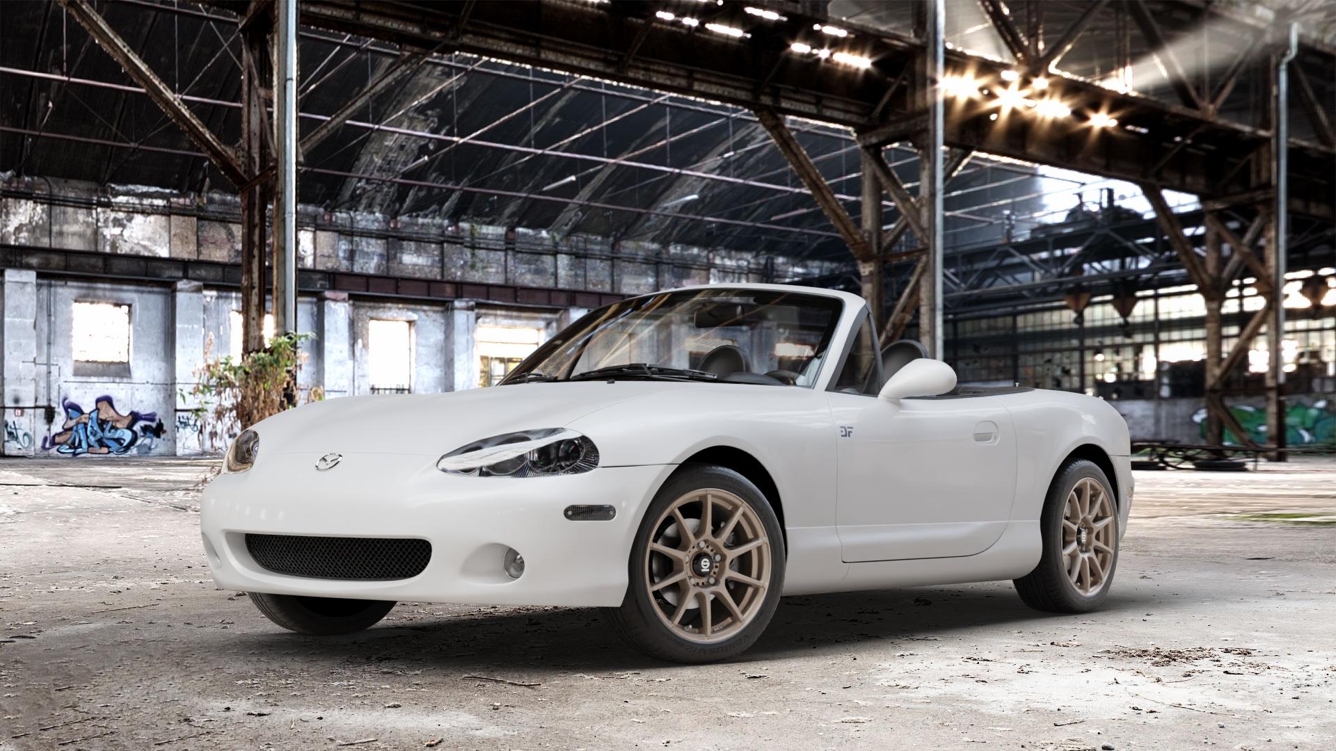 SPARCO ASSETTO GARA MATT BRONZE Felge mit Reifen in 15Zoll Winterfelge Alufelge auf weissem Mazda MX-5 II (NB) ⬇️ mit 15mm Tieferlegung ⬇️ Old Industrial Hall_max_4400mm_2024 Frontansicht_1