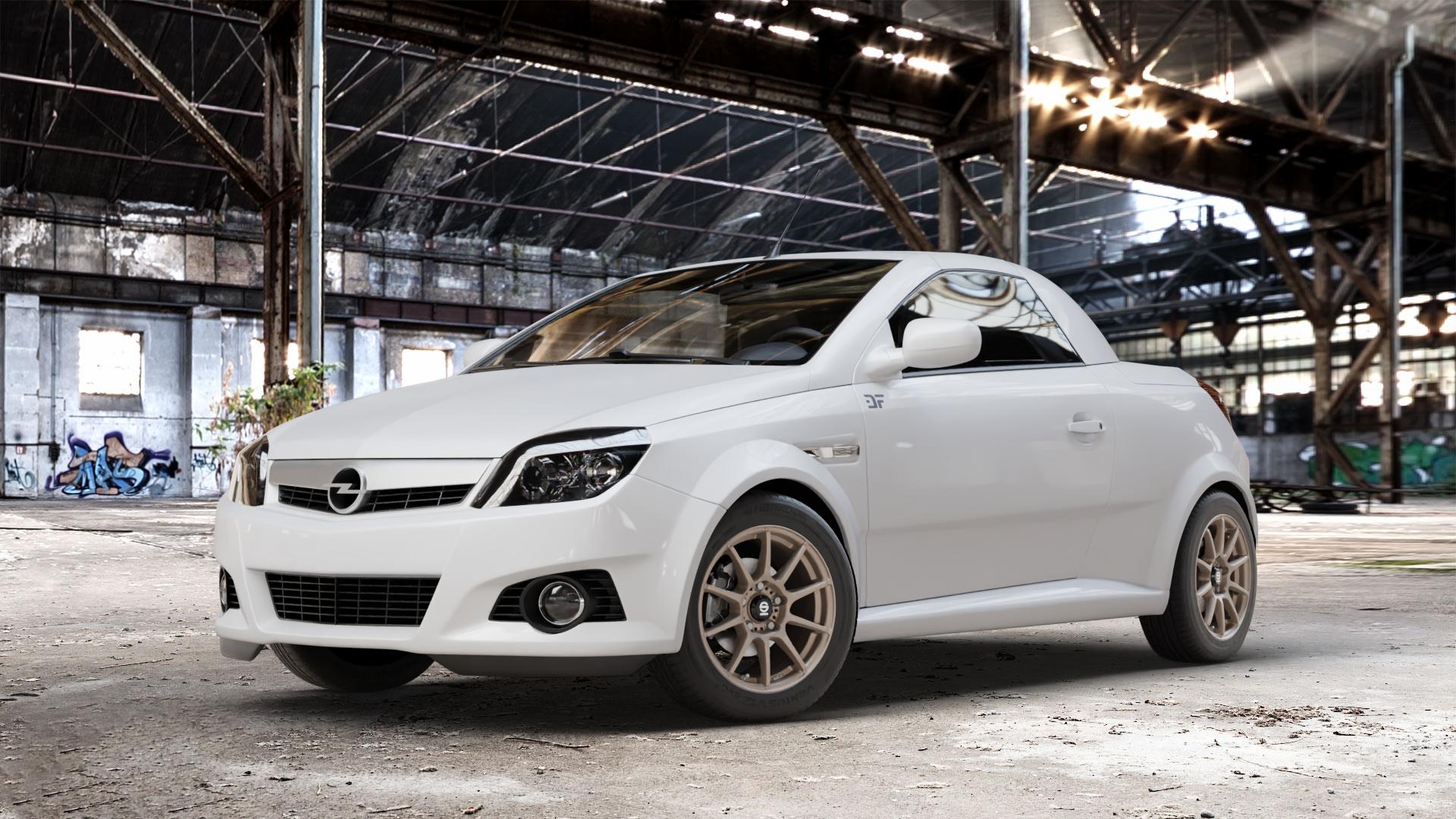 SPARCO ASSETTO GARA MATT BRONZE Felge mit Reifen in 15Zoll Winterfelge Alufelge auf weissem Opel Tigra B TwinTop ⬇️ mit 15mm Tieferlegung ⬇️ Old Industrial Hall_max_4400mm_2024 Frontansicht_1
