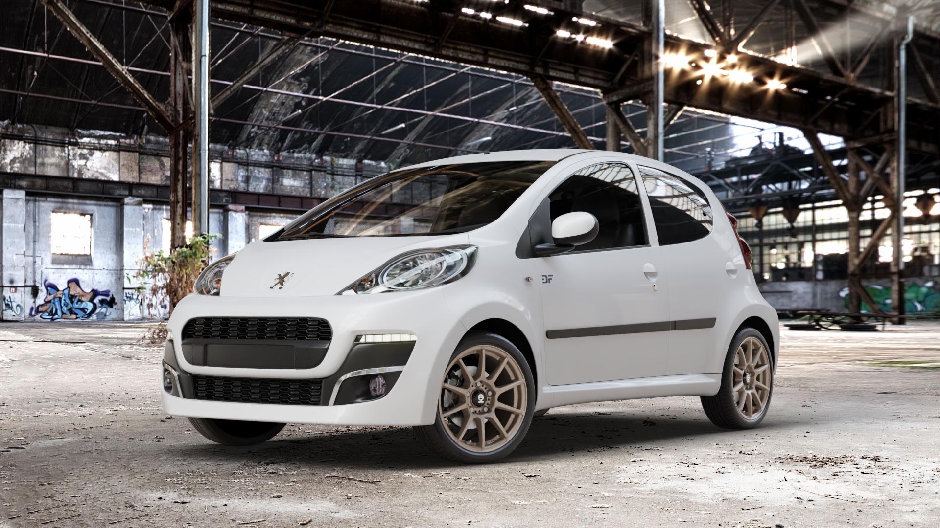 SPARCO ASSETTO GARA MATT BRONZE Felge mit Reifen in 15Zoll Winterfelge Alufelge auf weissem Peugeot 107 ⬇️ mit 15mm Tieferlegung ⬇️ Old Industrial Hall_max_4400mm_2024 Frontansicht_1