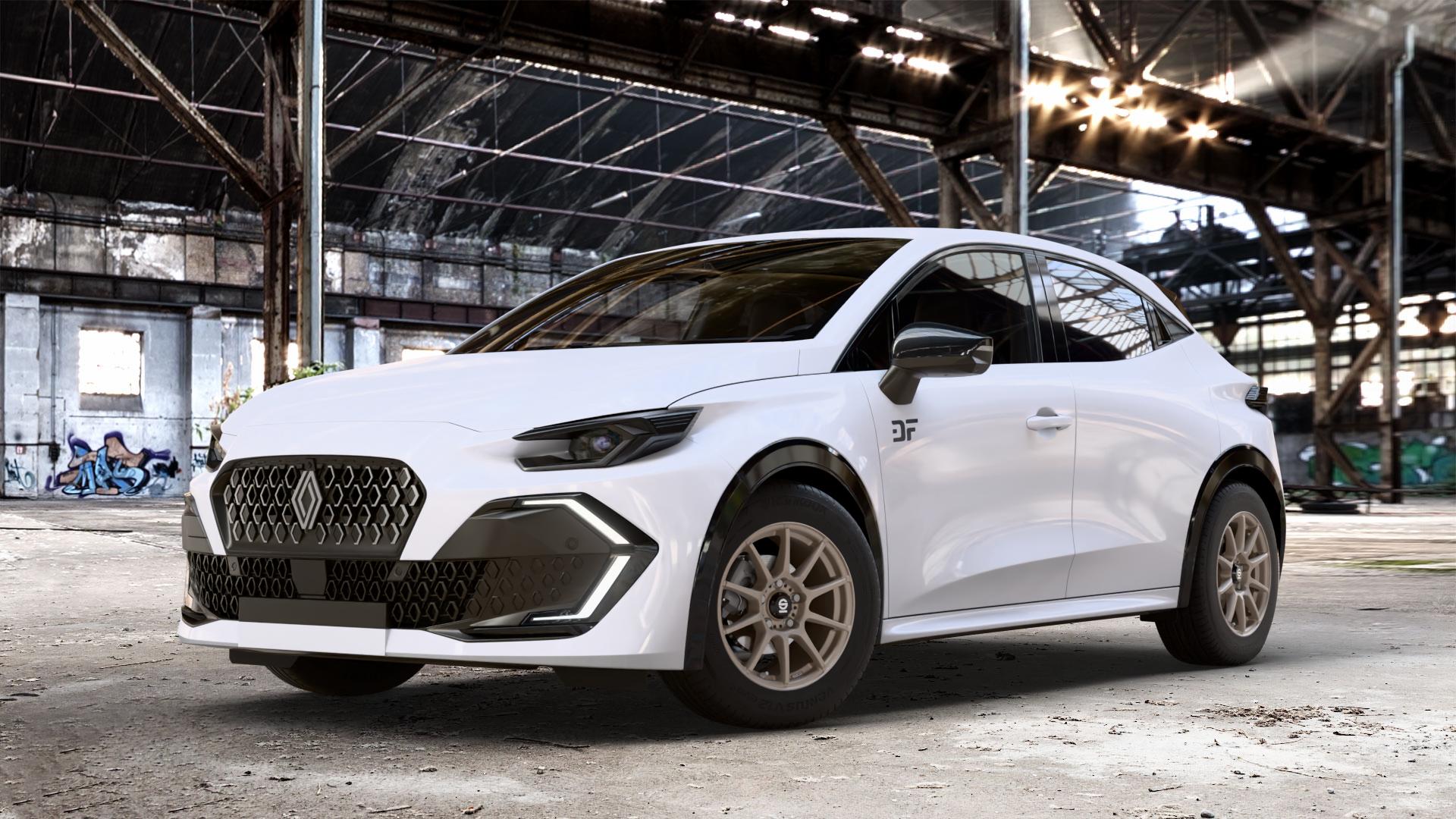 SPARCO ASSETTO GARA MATT BRONZE Felge mit Reifen in 15Zoll Winterfelge Alufelge auf weissem Renault Clio VI Typ R03 ⬇️ mit 15mm Tieferlegung ⬇️ Old Industrial Hall_max_4400mm_2024 Frontansicht_1