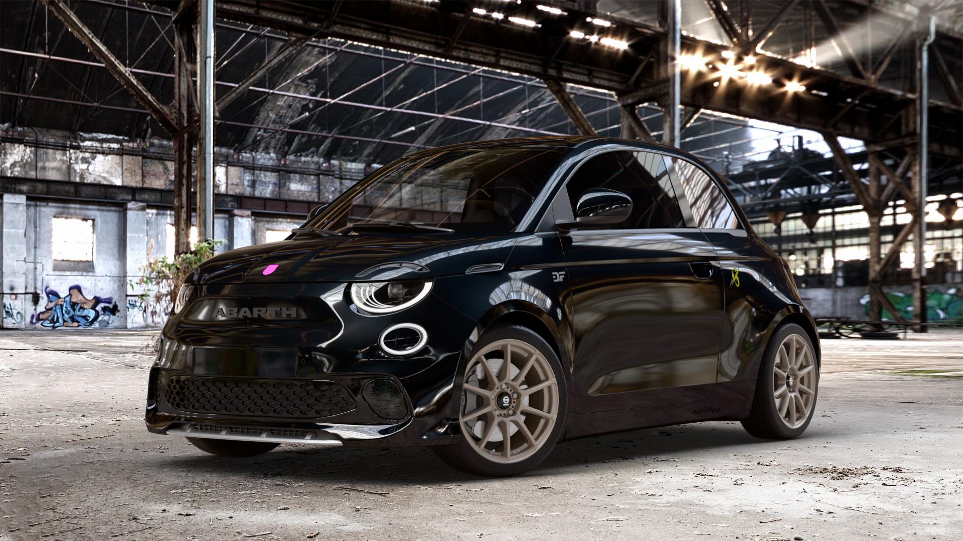 SPARCO ASSETTO GARA MATT BRONZE Felge mit Reifen in 17Zoll Winterfelge Alufelge auf schwarzem Fiat 500e Abarth Typ FA1 ⬇️ mit 15mm Tieferlegung ⬇️ Old Industrial Hall_max_4400mm_2024 Frontansicht_1