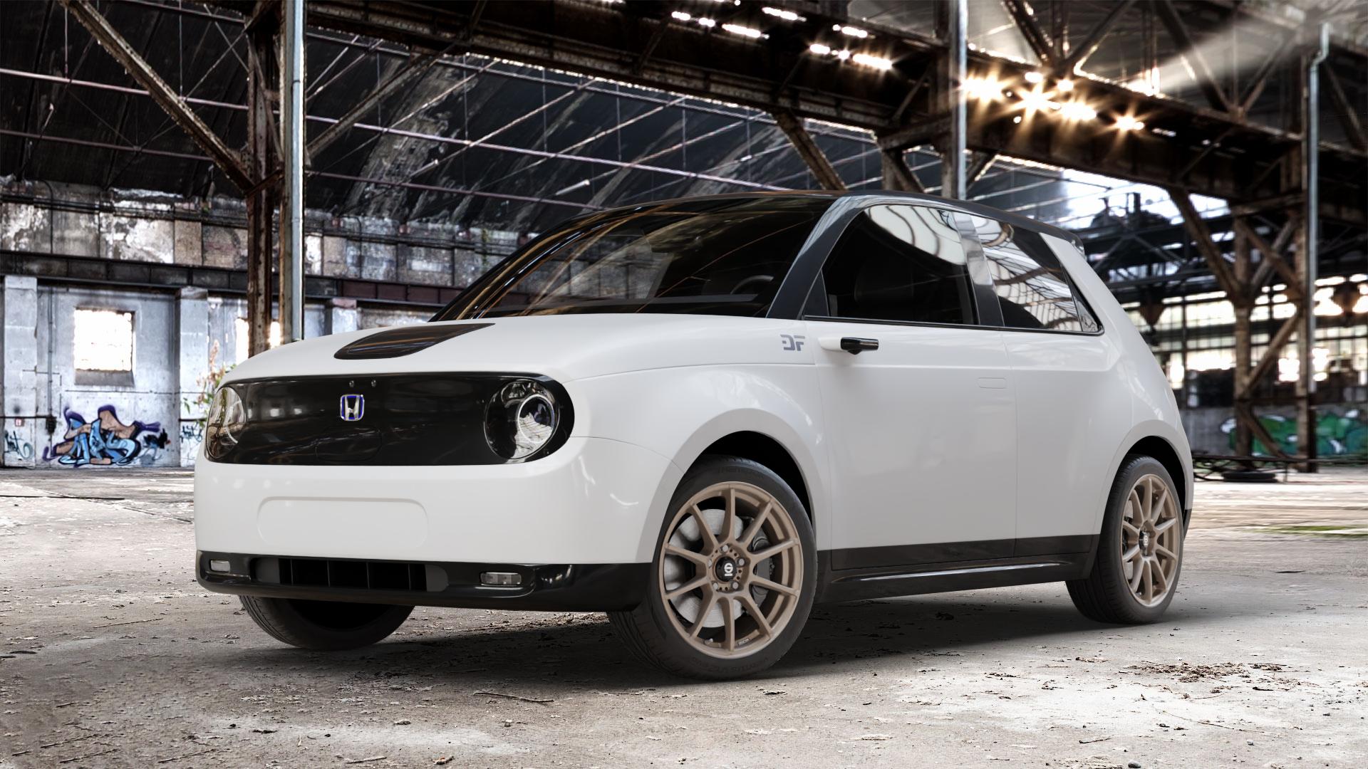 SPARCO ASSETTO GARA MATT BRONZE Felge mit Reifen in 17Zoll Winterfelge Alufelge auf weissem Honda e Typ ZC ⬇️ mit 15mm Tieferlegung ⬇️ Old Industrial Hall_max_4400mm_2024 Frontansicht_1