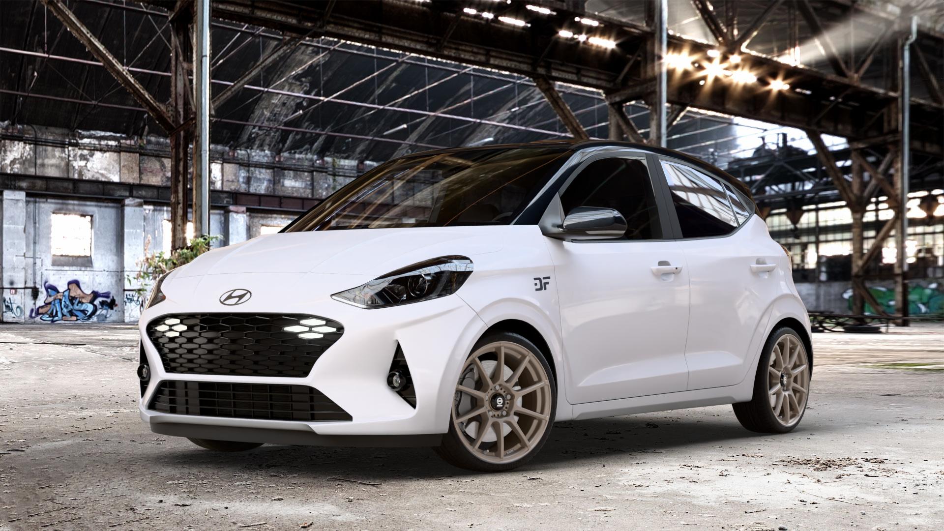 SPARCO ASSETTO GARA MATT BRONZE Felge mit Reifen in 17Zoll Winterfelge Alufelge auf weissem Hyundai i10 Typ AC3 Facelift ⬇️ mit 15mm Tieferlegung ⬇️ Old Industrial Hall_max_4400mm_2024 Frontansicht_1