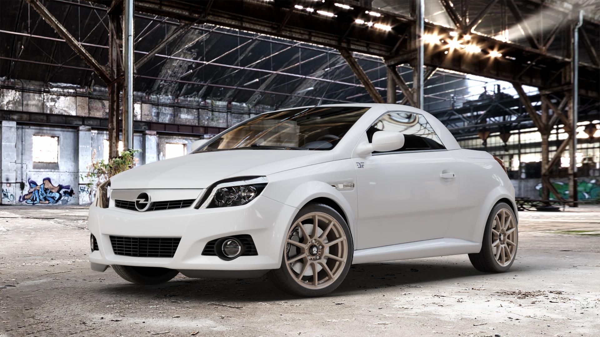 SPARCO ASSETTO GARA MATT BRONZE Felge mit Reifen in 17Zoll Winterfelge Alufelge auf weissem Opel Tigra B TwinTop ⬇️ mit 15mm Tieferlegung ⬇️ Old Industrial Hall_max_4400mm_2024 Frontansicht_1