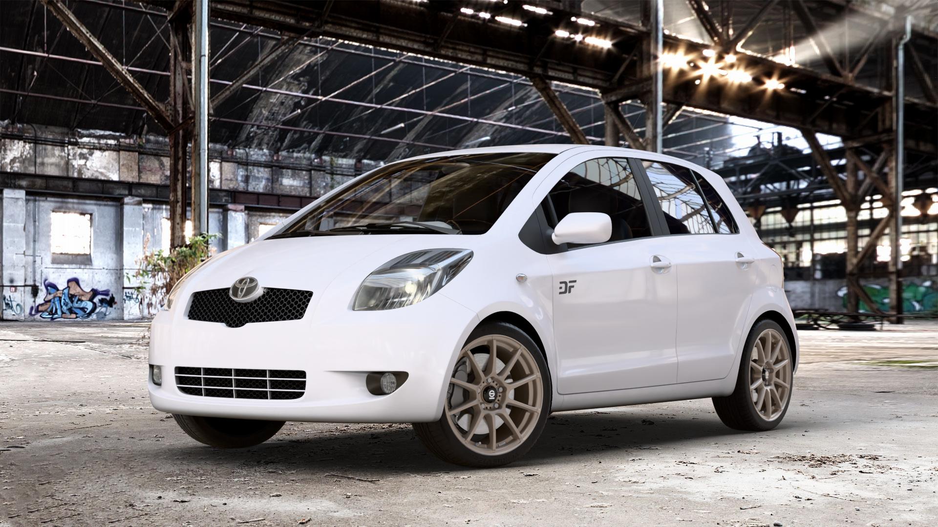SPARCO ASSETTO GARA MATT BRONZE Felge mit Reifen in 17Zoll Winterfelge Alufelge auf weissem Toyota Yaris II Typ XP9F ⬇️ mit 15mm Tieferlegung ⬇️ Old Industrial Hall_max_4400mm_2024 Frontansicht_1