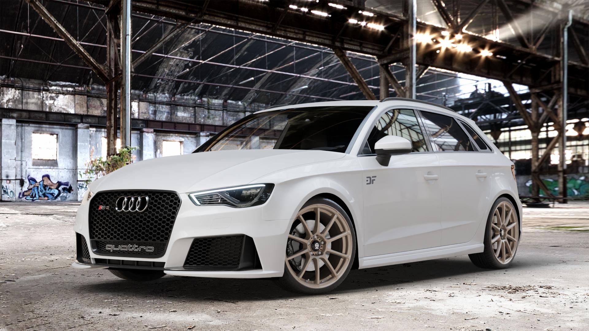 SPARCO ASSETTO GARA MATT BRONZE Felge mit Reifen in 19Zoll Winterfelge Alufelge auf weissem Audi A3 Typ 8V (Sportback) 2,5l TFSI quattro 270kW RS3 (367 PS) Facelift 294kW (400 ⬇️ mit 15mm Tieferlegung ⬇️ Old Industrial Hall_max_4400mm_2024 Frontansicht_1