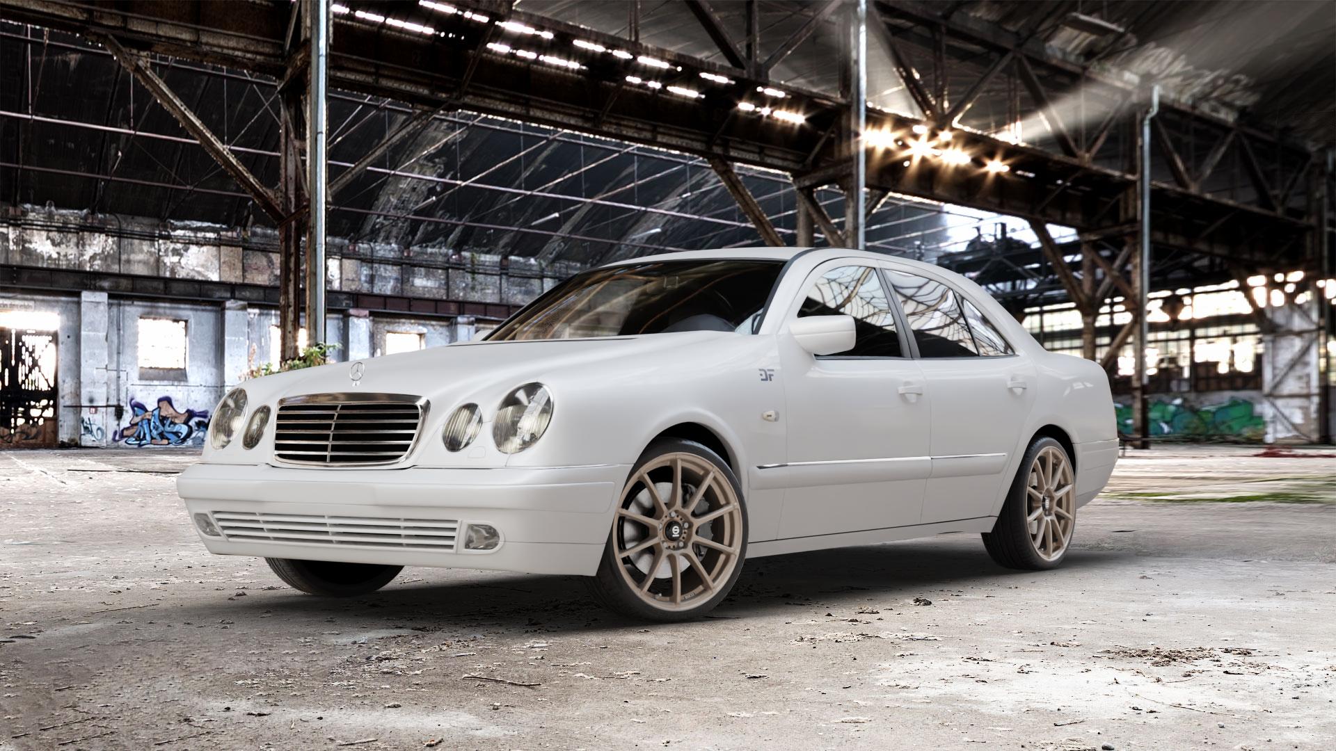 SPARCO ASSETTO GARA MATT BRONZE Felge mit Reifen in 19Zoll Winterfelge Alufelge auf weissem Mercedes E-Klasse Typ W210 Limousine ⬇️ mit 15mm Tieferlegung ⬇️ Old Industrial Hall_max_5300mm_2024 Frontansicht_1