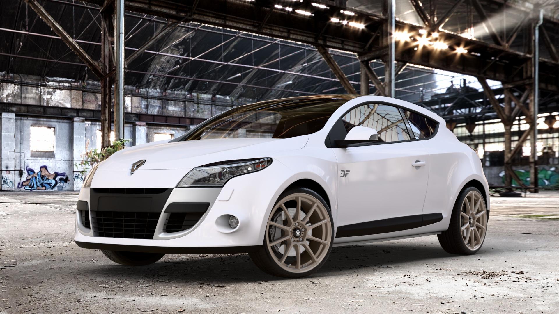 SPARCO ASSETTO GARA MATT BRONZE Felge mit Reifen in 19Zoll Winterfelge Alufelge auf weissem Renault Megane III Coupé Typ Z ⬇️ mit 15mm Tieferlegung ⬇️ Old Industrial Hall_max_4400mm_2024 Frontansicht_1