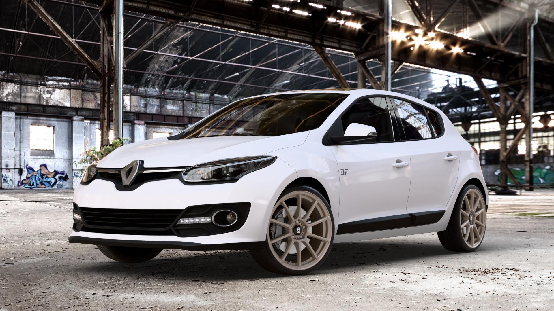 SPARCO ASSETTO GARA MATT BRONZE Felge mit Reifen in 19Zoll Winterfelge Alufelge auf weissem Renault Megane III Schrägheck Typ Z ⬇️ mit 15mm Tieferlegung ⬇️ Old Industrial Hall_max_4400mm_2024 Frontansicht_1