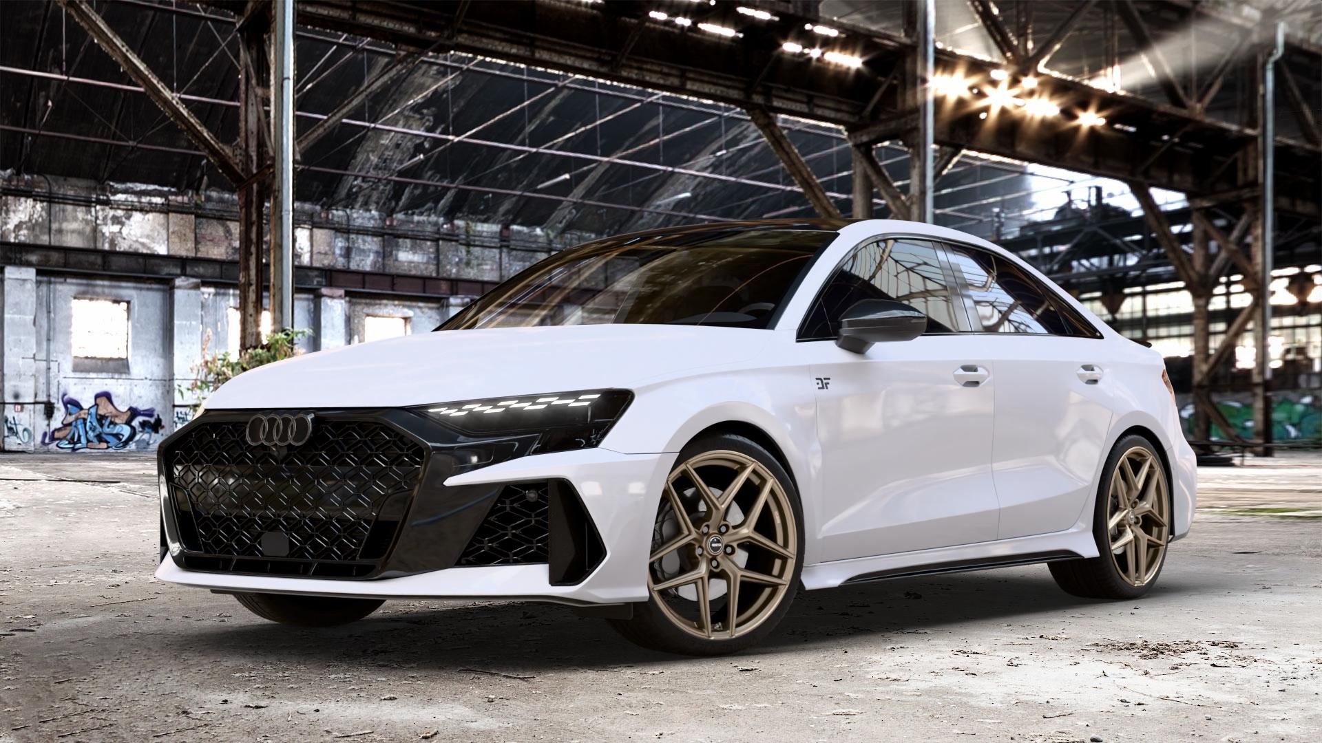 SPARCO FF3 RALLY BRONZE Felge mit Reifen in 19Zoll Winterfelge Alufelge auf weissem Audi A3 Typ GY (Limousine) Facelift 2,5l TFSI quattro 294kW RS3 (400 PS) 299kW (407 ⬇️ mit 15mm Tieferlegung ⬇️ Old Industrial Hall_max_4400mm_2024 Frontansicht_1