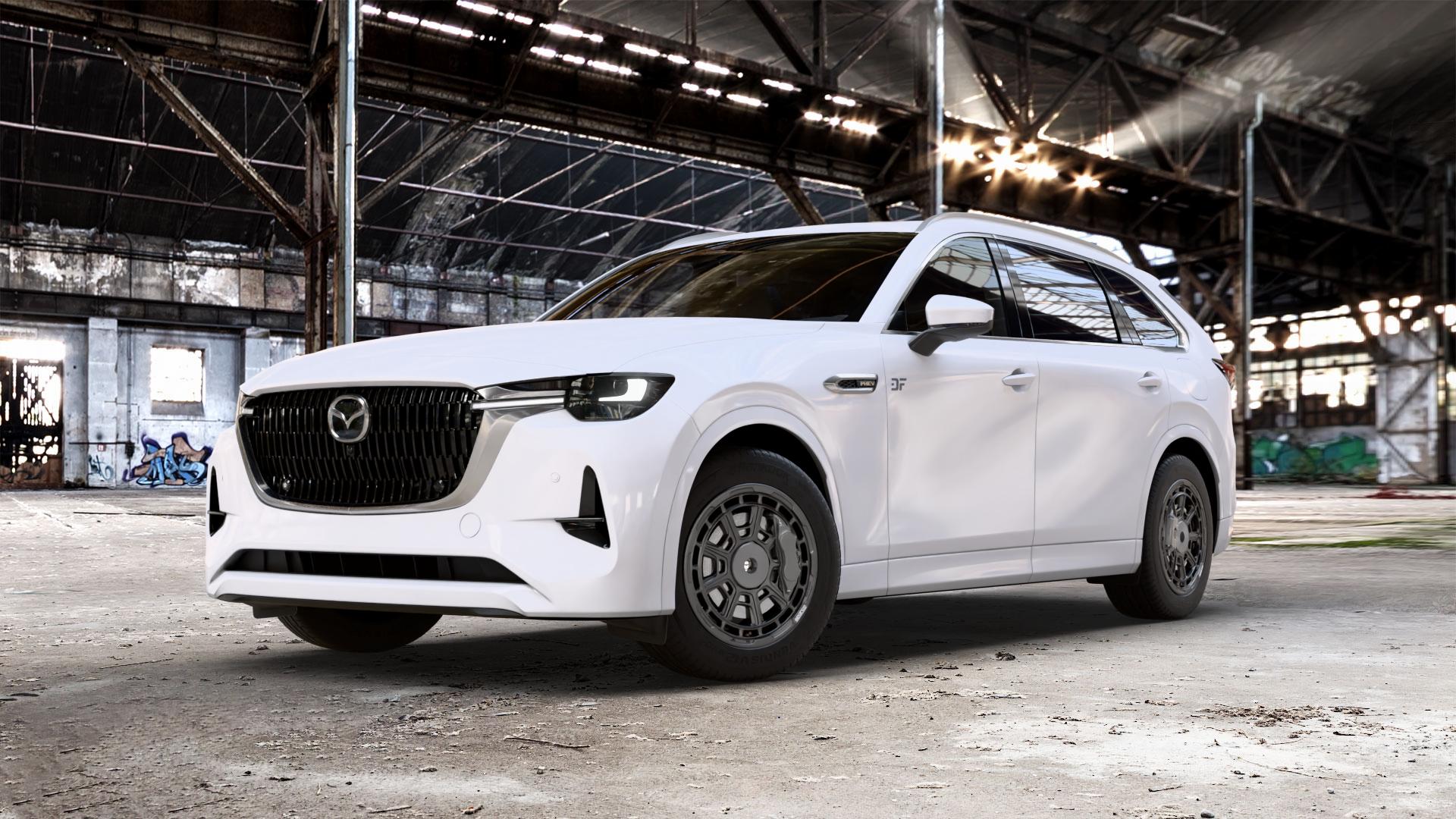 SPARCO STERRATO MATT BLACK Felge mit Reifen schwarz in 18Zoll Winterfelge Alufelge auf weissem Mazda CX-80 Typ KL01 ⬇️ mit 15mm Tieferlegung ⬇️ Old Industrial Hall_max_5300mm_2024 Frontansicht_1