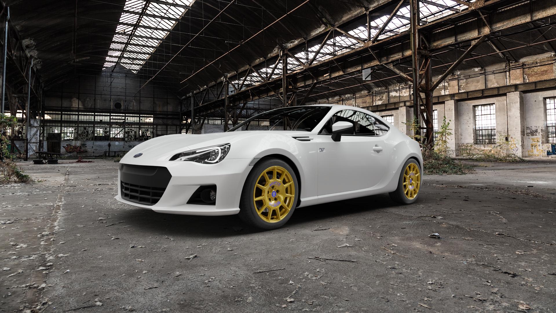 SPARCO TERRA RACE GOLD + BLUE LETTERING Felge mit Reifen in 17Zoll Winterfelge Alufelge auf weissem Subaru BRZ Typ ZC Facelift ⬇️ mit 15mm Tieferlegung ⬇️ Old Industrial Hall_max5000mm_2022 Frontansicht_1