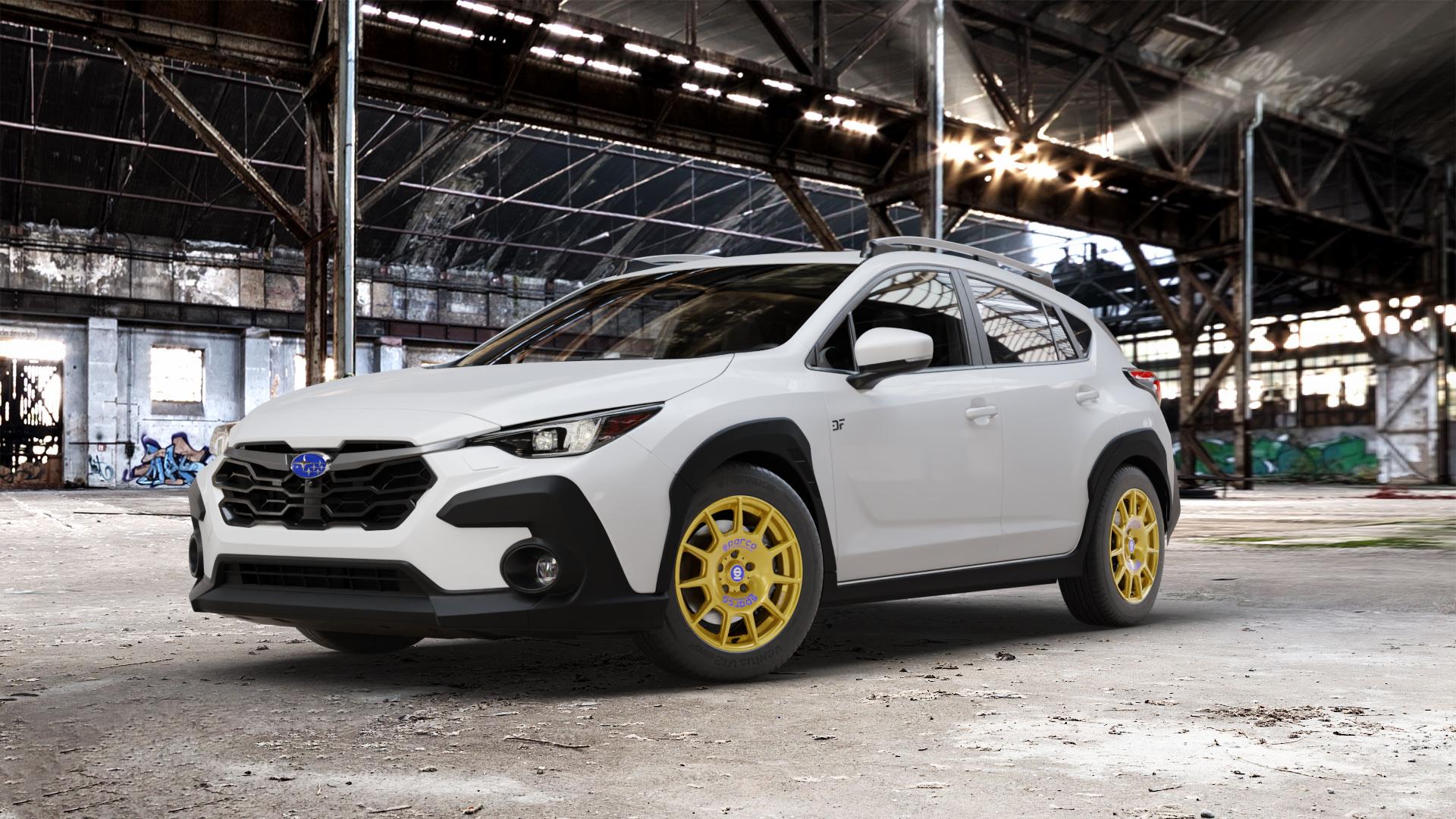 SPARCO TERRA RACE GOLD + BLUE LETTERING Felge mit Reifen in 17Zoll Winterfelge Alufelge auf weissem Subaru Crosstrek Typ G6-SS 2,0l 100kW Mild-Hybrid AWD (136 PS) ⬇️ mit 15mm Tieferlegung ⬇️ Old Industrial Hall_max_5300mm_2024 Frontansicht_1