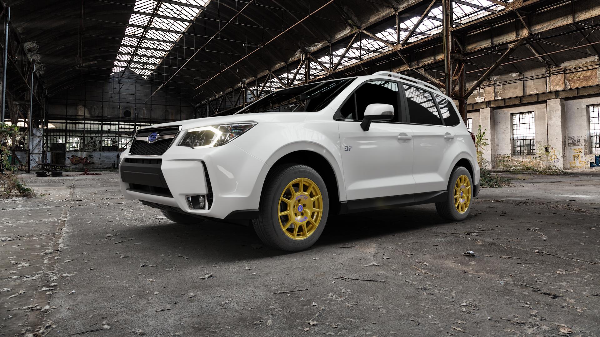 SPARCO TERRA RACE GOLD + BLUE LETTERING Felge mit Reifen in 17Zoll Winterfelge Alufelge auf weissem Subaru Forester IV Typ SJ ⬇️ mit 15mm Tieferlegung ⬇️ Old Industrial Hall_max5000mm_2022 Frontansicht_1