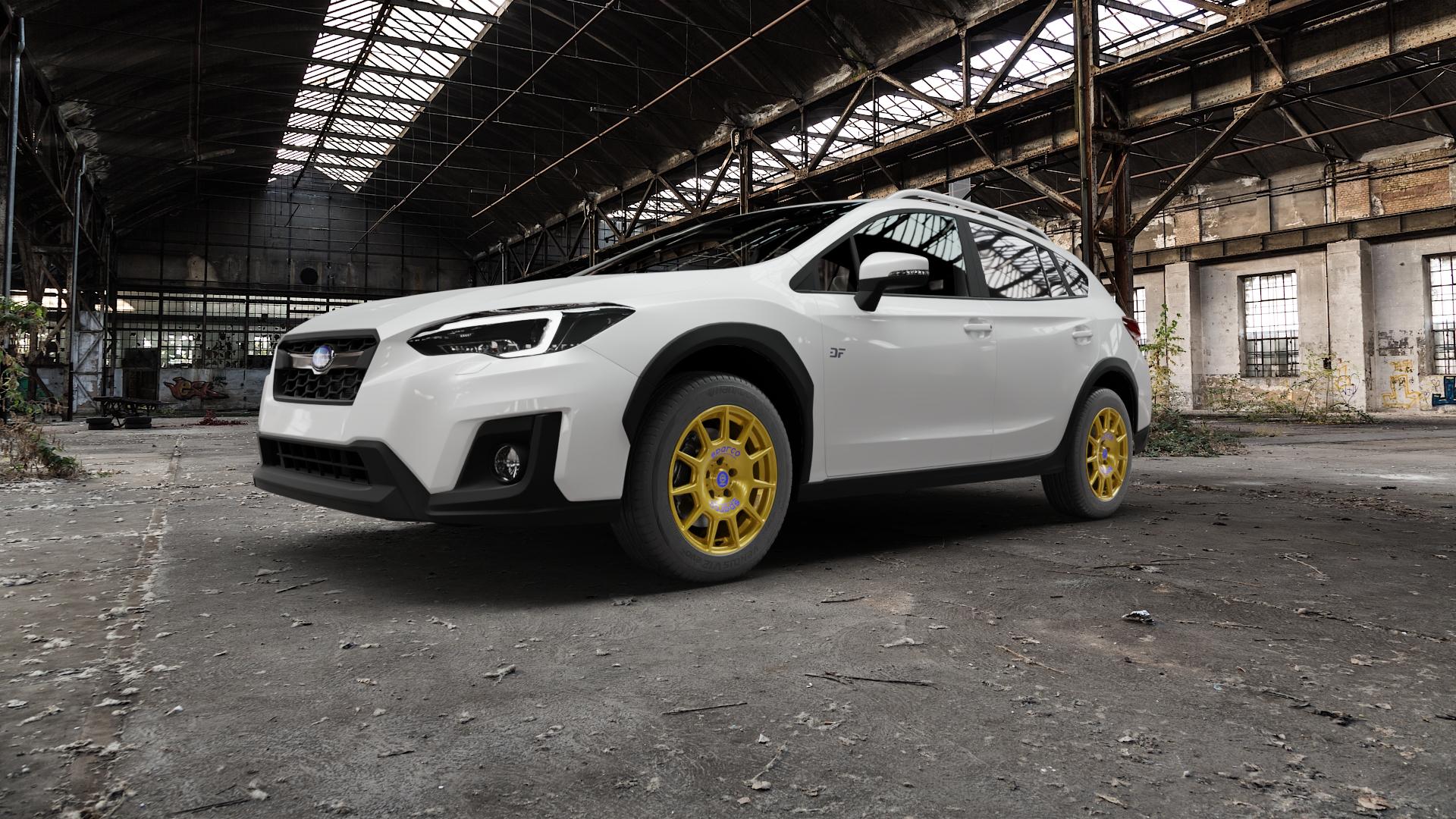 SPARCO TERRA RACE GOLD + BLUE LETTERING Felge mit Reifen in 17Zoll Winterfelge Alufelge auf weissem Subaru XV Typ G5 2,0l i 115kW (156 PS) 1,6l 84kW (114 ⬇️ mit 15mm Tieferlegung ⬇️ Old Industrial Hall_max5000mm_2022 Frontansicht_1