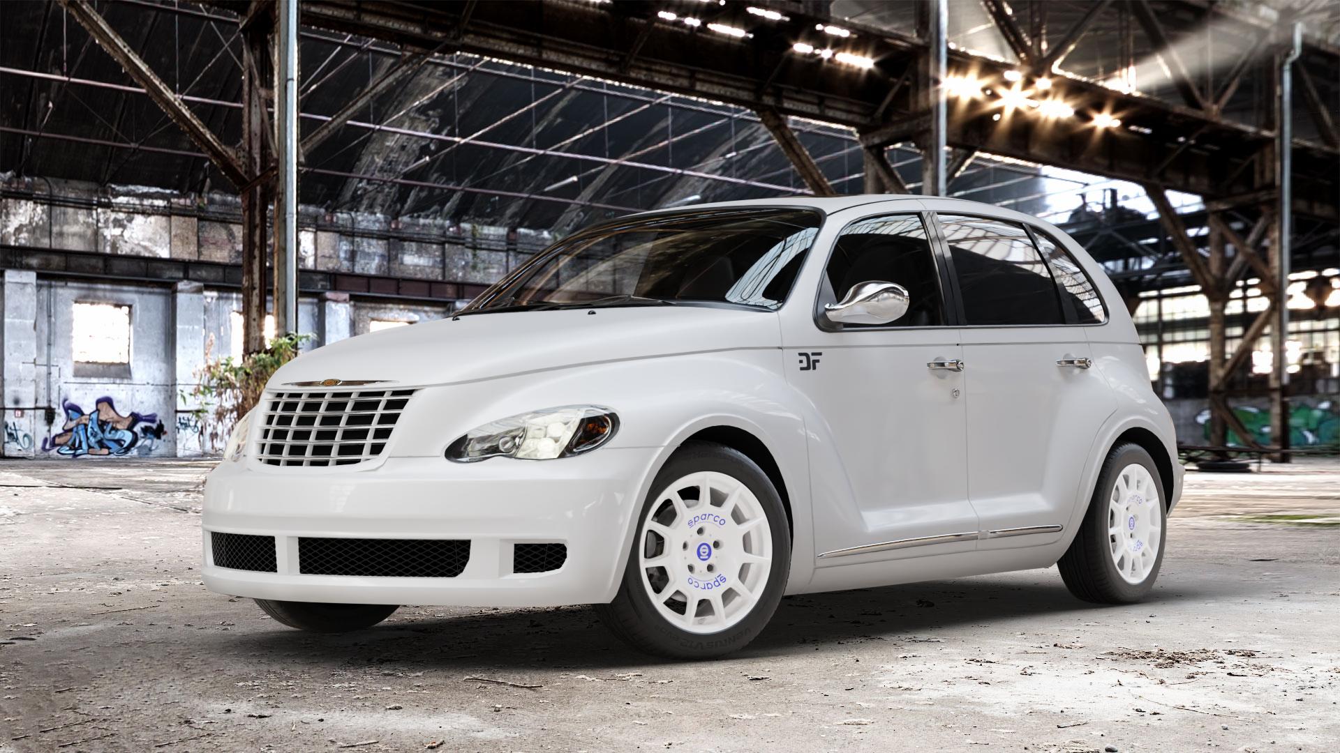 SPARCO TERRA WHITE + BLUE LETTERING Felge mit Reifen weiss weiß in 16Zoll Winterfelge Alufelge auf weissem Chrysler PT Cruiser Cabriolet ⬇️ mit 15mm Tieferlegung ⬇️ Old Industrial Hall_max_4400mm_2024 Frontansicht_1
