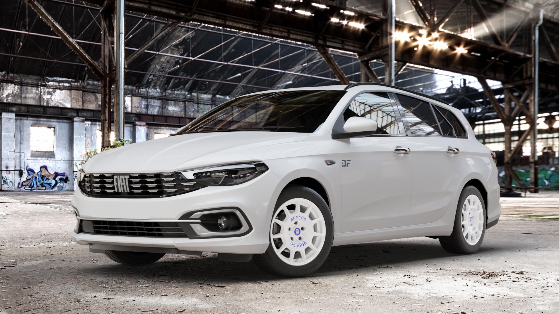 SPARCO TERRA WHITE + BLUE LETTERING Felge mit Reifen weiss weiß in 16Zoll Winterfelge Alufelge auf weissem Fiat Tipo II Kombi Typ 356 Facelift ⬇️ mit 15mm Tieferlegung ⬇️ Old Industrial Hall_max_4400mm_2024 Frontansicht_1
