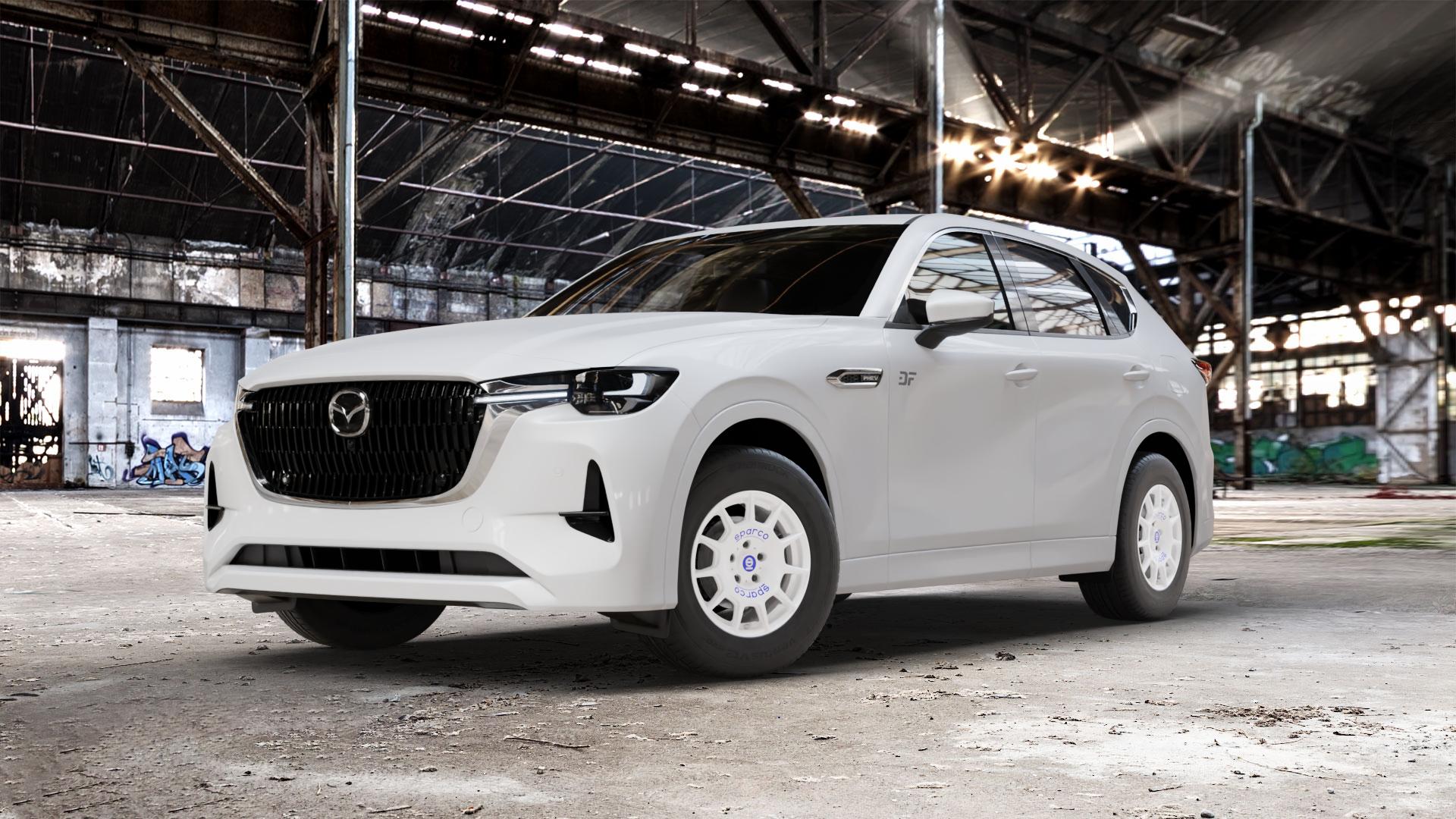 SPARCO TERRA WHITE + BLUE LETTERING Felge mit Reifen weiss weiß in 16Zoll Winterfelge Alufelge auf weissem Mazda CX-60 Typ KH01 CX ⬇️ mit 15mm Tieferlegung ⬇️ Old Industrial Hall_max_5300mm_2024 Frontansicht_1
