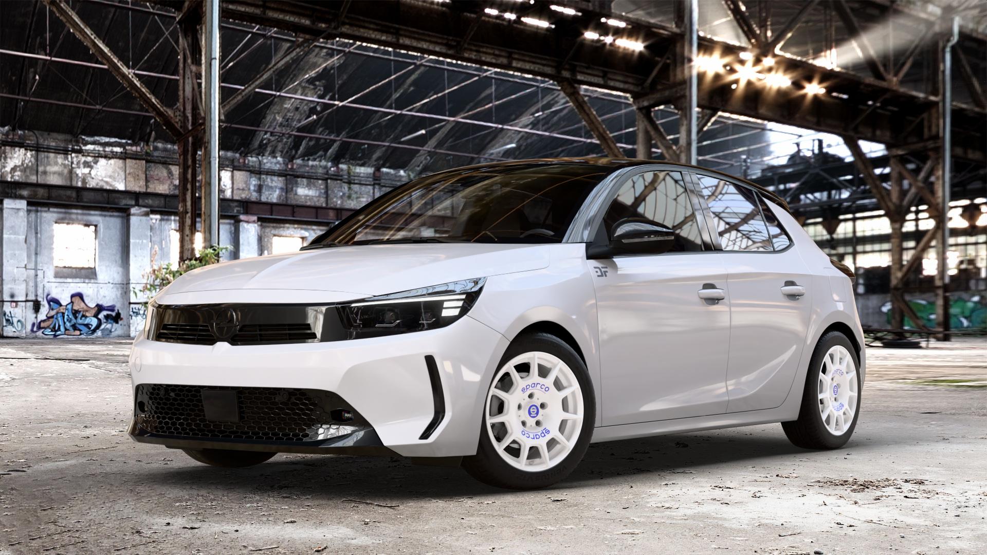 SPARCO TERRA WHITE + BLUE LETTERING Felge mit Reifen weiss weiß in 16Zoll Winterfelge Alufelge auf weissem Opel Corsa F Typ U Facelift 0,0l 57kW Corsa-e (77 PS) 62kW (84 1,2l Turbo 74kW Mild-Hybrid (101 100kW (136 ⬇️ mit 15mm Tieferlegung ⬇️ Old Industrial Hall_max_4400mm_2024 Frontansicht_1