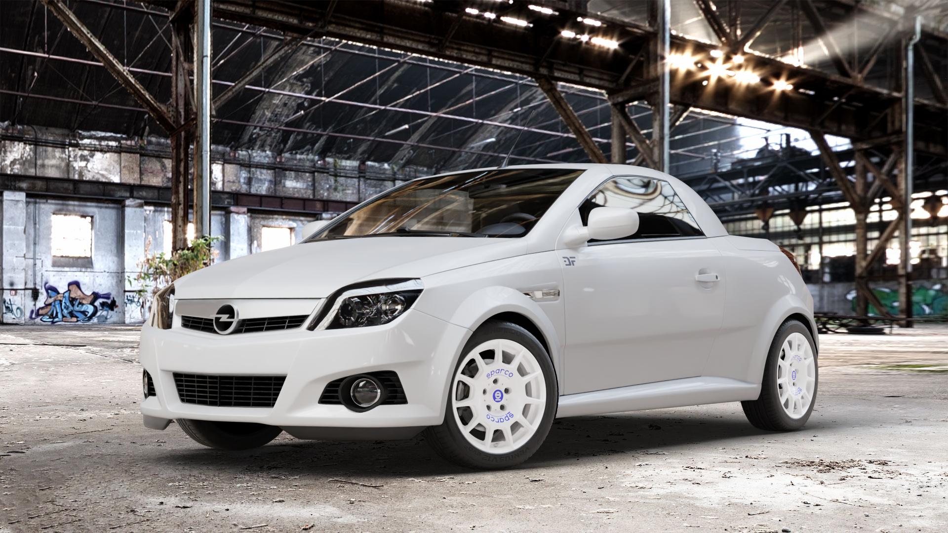 SPARCO TERRA WHITE + BLUE LETTERING Felge mit Reifen weiss weiß in 16Zoll Winterfelge Alufelge auf weissem Opel Tigra B TwinTop ⬇️ mit 15mm Tieferlegung ⬇️ Old Industrial Hall_max_4400mm_2024 Frontansicht_1