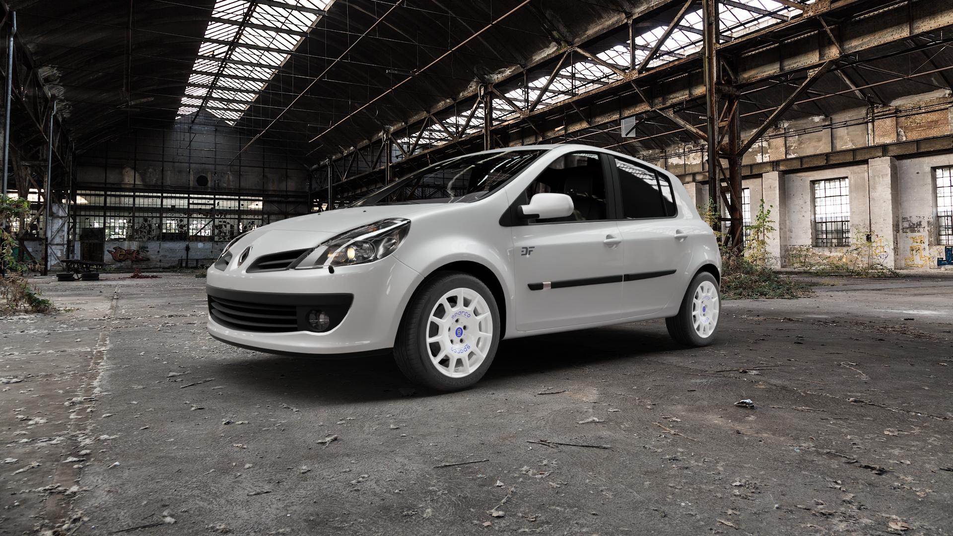 SPARCO TERRA WHITE + BLUE LETTERING Felge mit Reifen weiss weiß in 16Zoll Winterfelge Alufelge auf weissem Renault Clio III Typ R ⬇️ mit 15mm Tieferlegung ⬇️ Old Industrial Hall_max5000mm_2022 Frontansicht_1