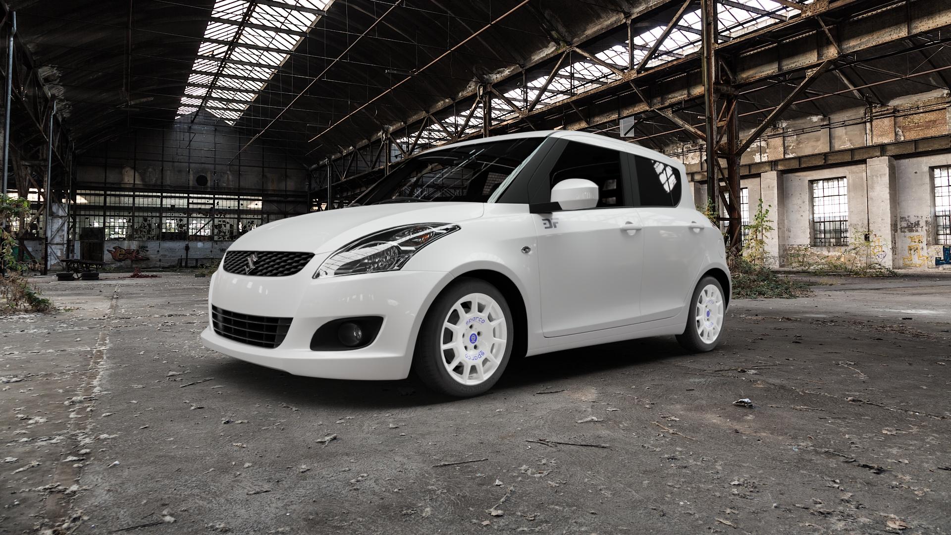 SPARCO TERRA WHITE + BLUE LETTERING Felge mit Reifen weiss weiß in 16Zoll Winterfelge Alufelge auf weissem Suzuki Swift V Typ NZ 1,2l 69kW (94 PS) 1,3l DDiS 55kW (75 66kW (90 4x4 FZ ⬇️ mit 15mm Tieferlegung ⬇️ Old Industrial Hall_max5000mm_2022 Frontansicht_1