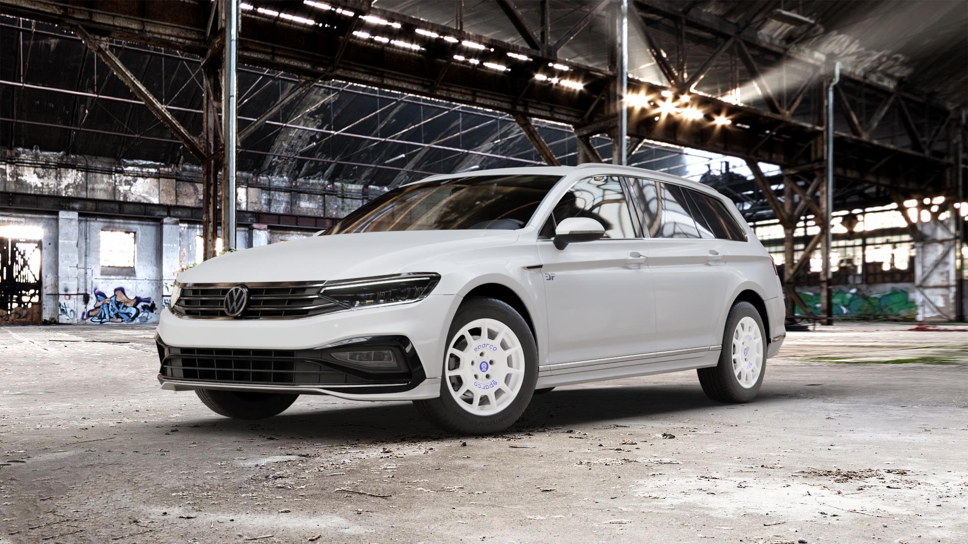 SPARCO TERRA WHITE + BLUE LETTERING Felge mit Reifen weiss weiß in 16Zoll Winterfelge Alufelge auf weissem Volkswagen (VW) Passat 3C/B8 Variant Facelift ⬇️ mit 15mm Tieferlegung ⬇️ Old Industrial Hall_max_5300mm_2024 Frontansicht_1