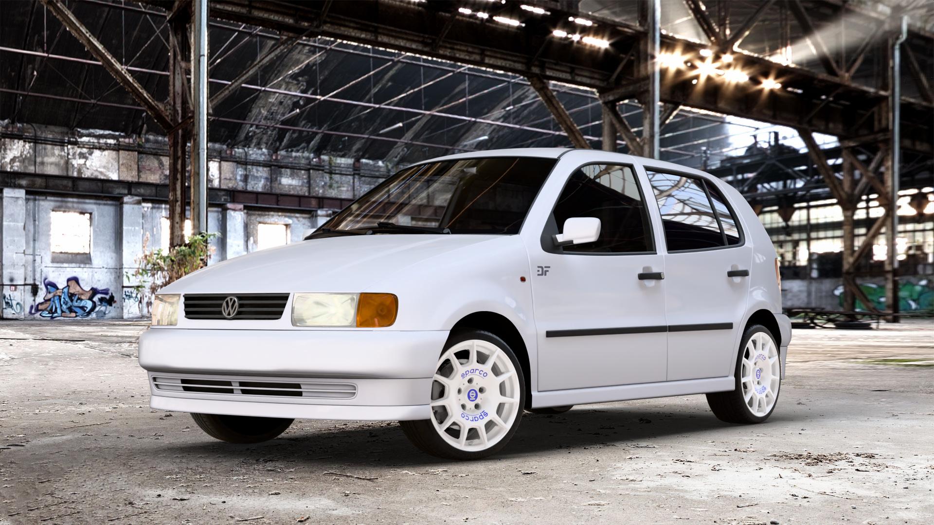 SPARCO TERRA WHITE + BLUE LETTERING Felge mit Reifen weiss weiß in 16Zoll Winterfelge Alufelge auf weissem Volkswagen (VW) Polo III Typ 6N Classic 6N2 Variant 6NF LKW ⬇️ mit 15mm Tieferlegung ⬇️ Old Industrial Hall_max_4400mm_2024 Frontansicht_1