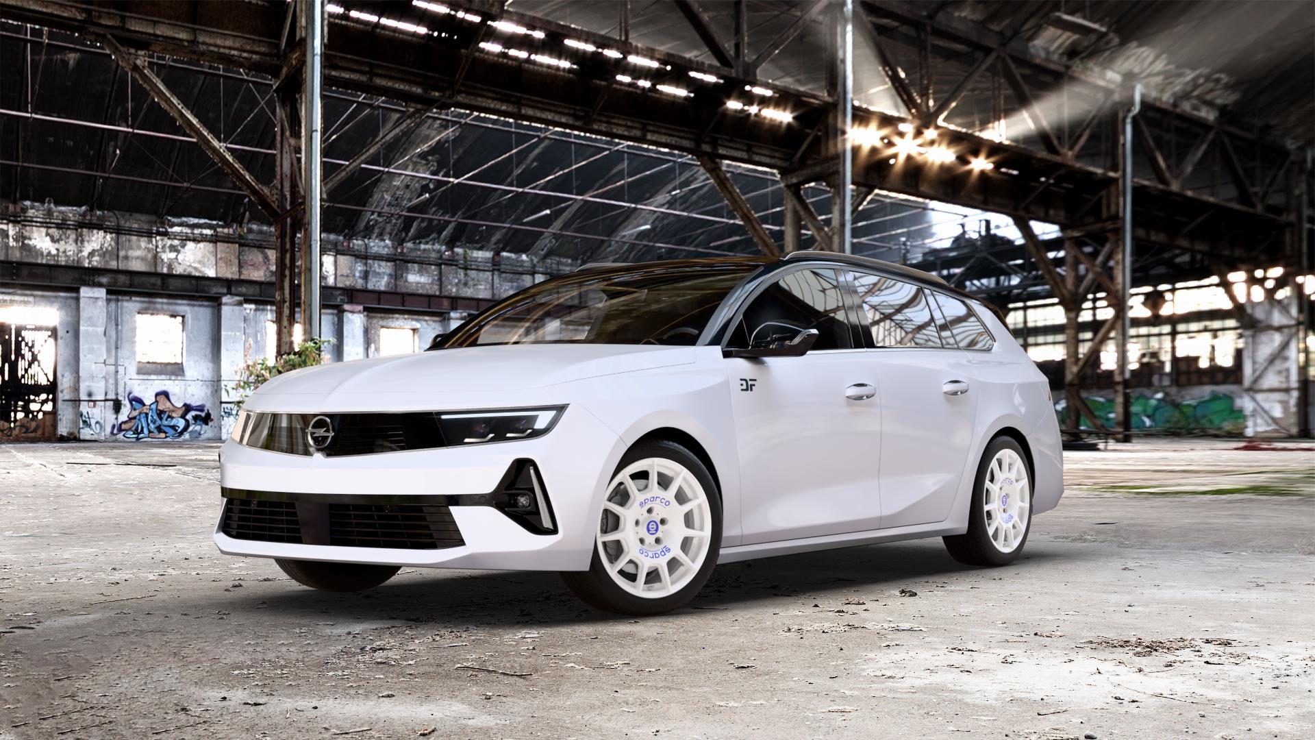 SPARCO TERRA WHITE + BLUE LETTERING Felge mit Reifen weiss weiß in 17Zoll Winterfelge Alufelge auf weissem Opel Astra L Sports Tourer Typ F Facelift ⬇️ mit 15mm Tieferlegung ⬇️ Old Industrial Hall_max_5300mm_2024 Frontansicht_1